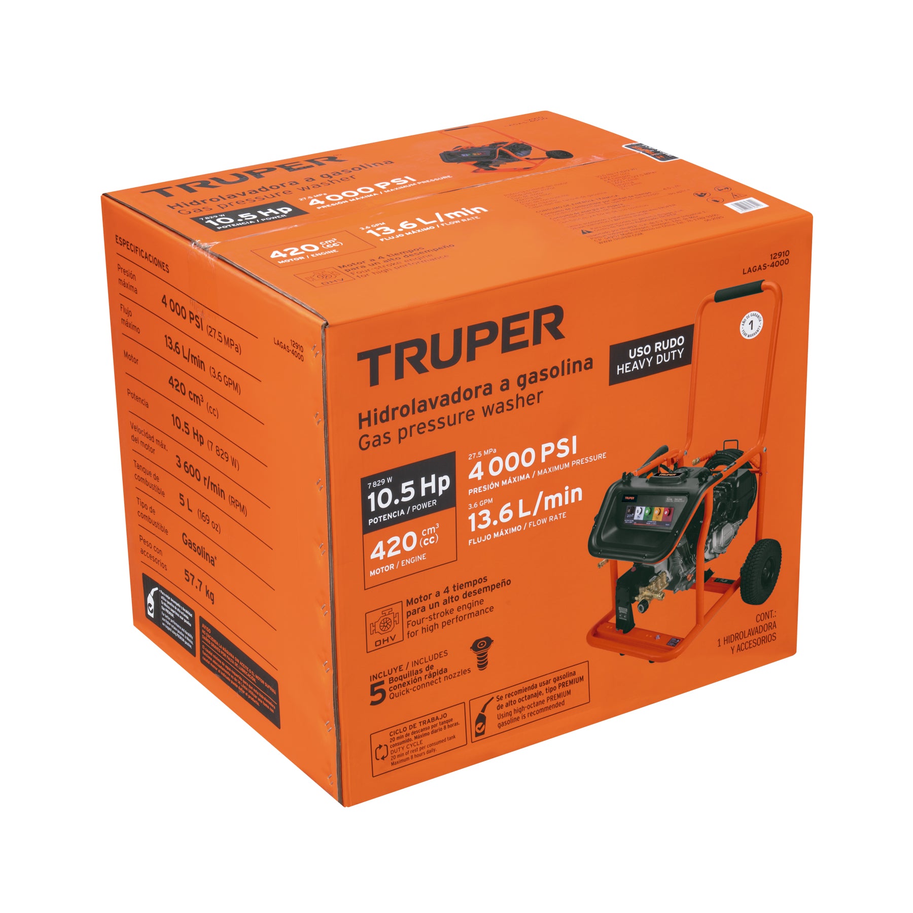 Hidrolavadora con motor a gasolina, 4000 PSI, TRUPER. Modelo: LAGAS-4000