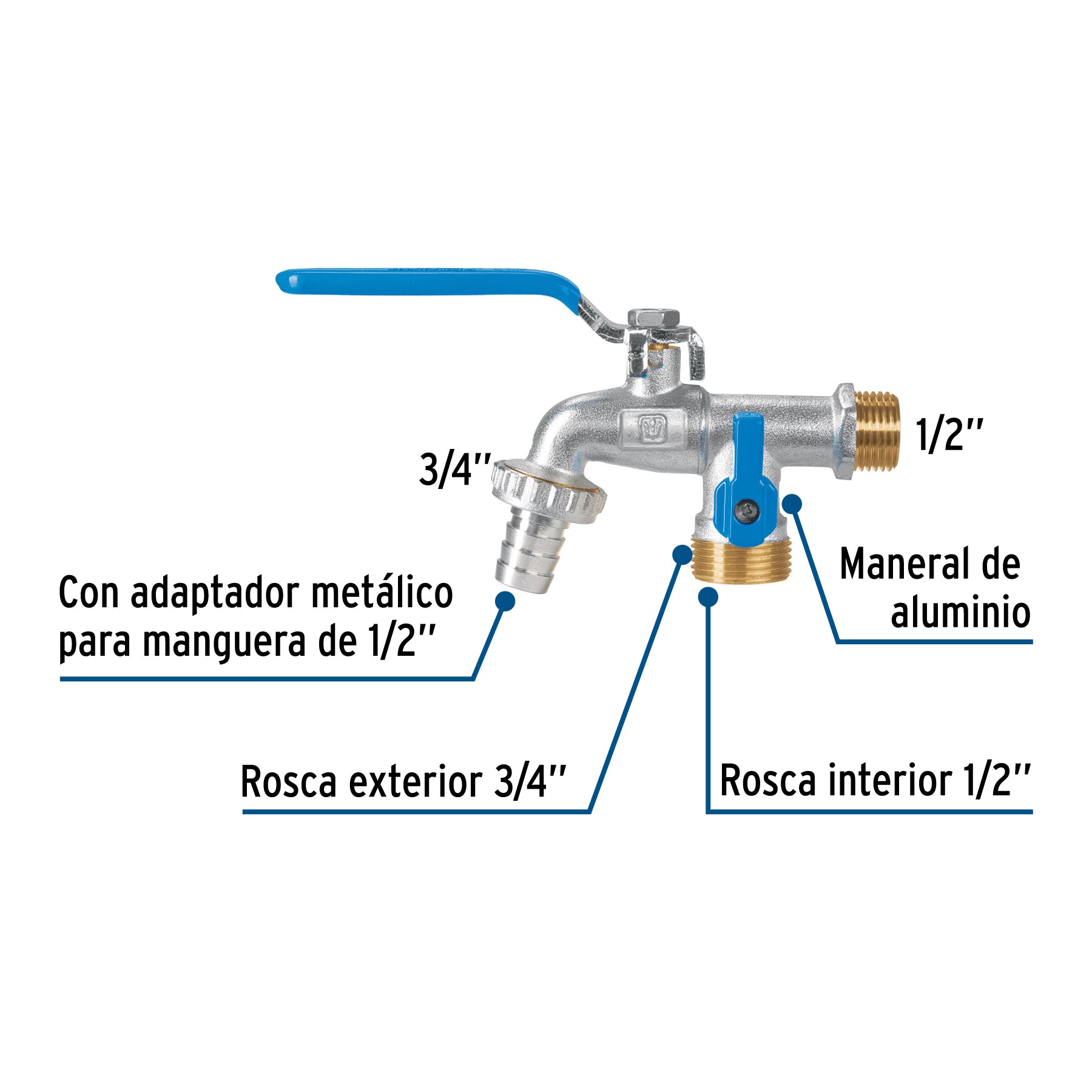 Llave de esfera doble salida 1/2' de latón, FOSET. Modelo: LLED-265L