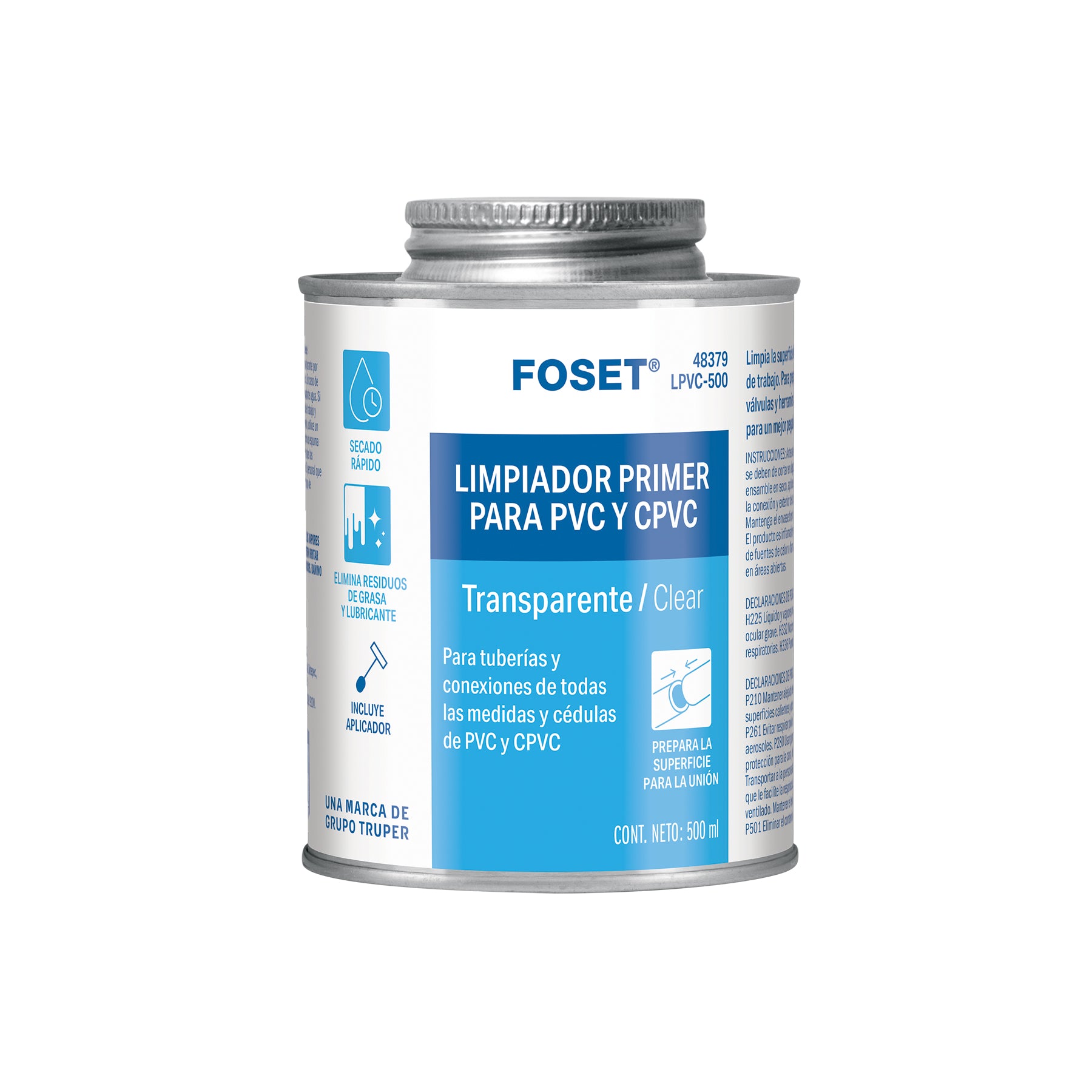 Limpiador para PVC y CPVC, lata 500ml, FOSET. Modelo: LPVC-500