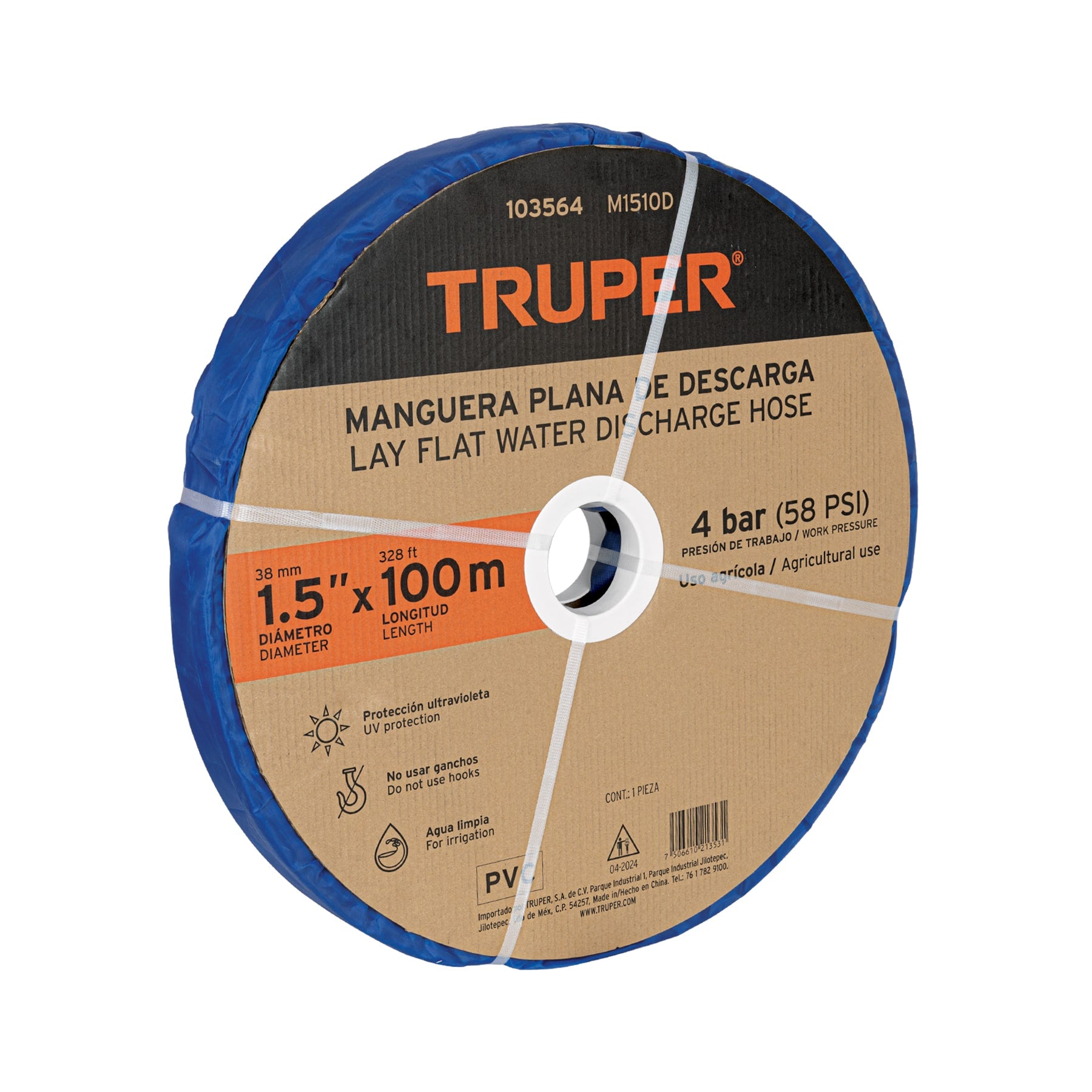 Rollo de manguera plana de 1.5'x100m de descarga p/motobomba. Modelo: M1510D