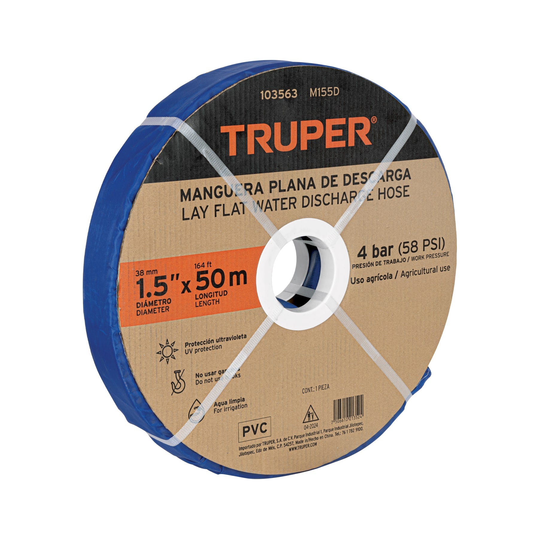 Rollo de manguera plana de 1.5' x50m de descarga p/motobomba. Modelo: M155D