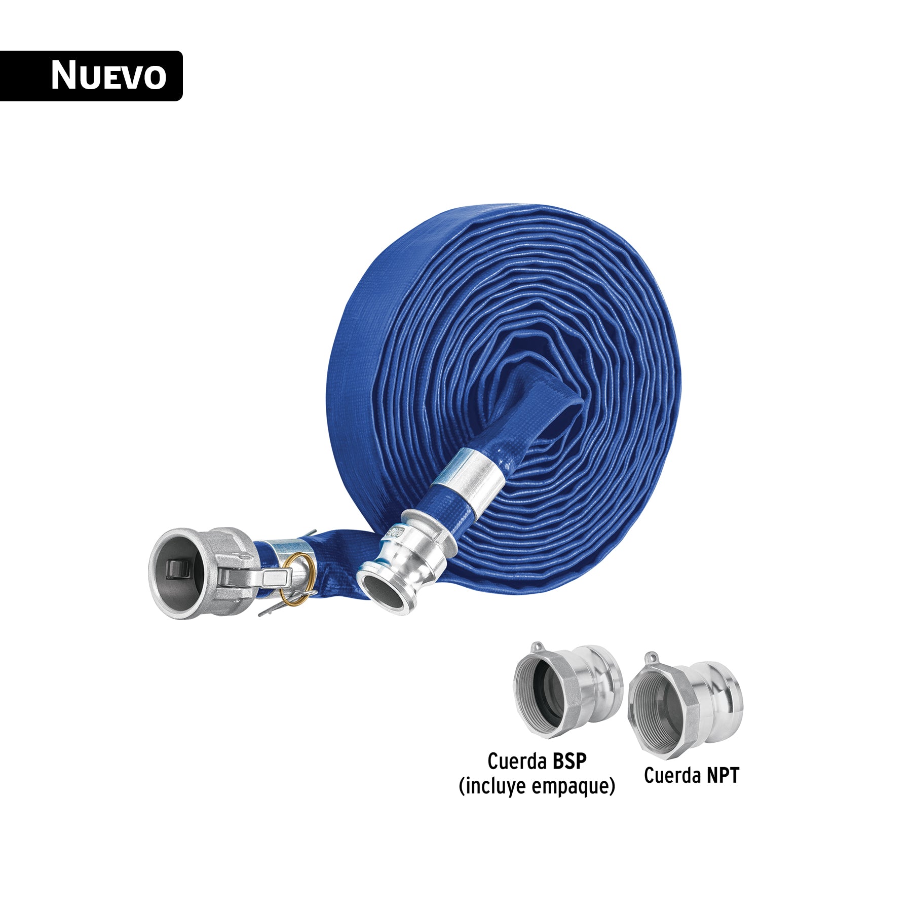 Rollo de manguera plana 1' x 7.5m de descarga con conexiones. Modelo: M17DC