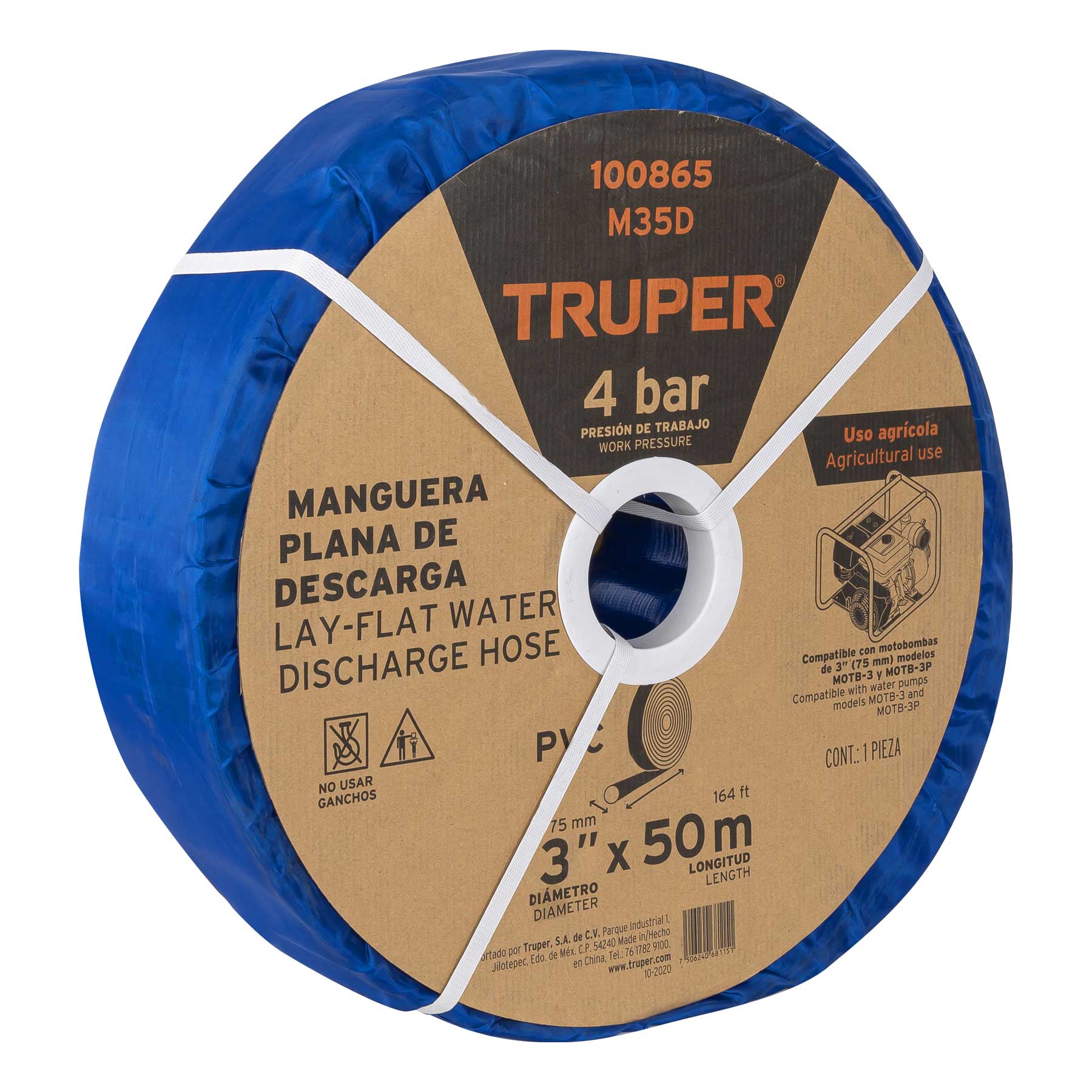 Rollo de manguera plana de 3' x 50m de descarga p/motobomba. Modelo: M35D
