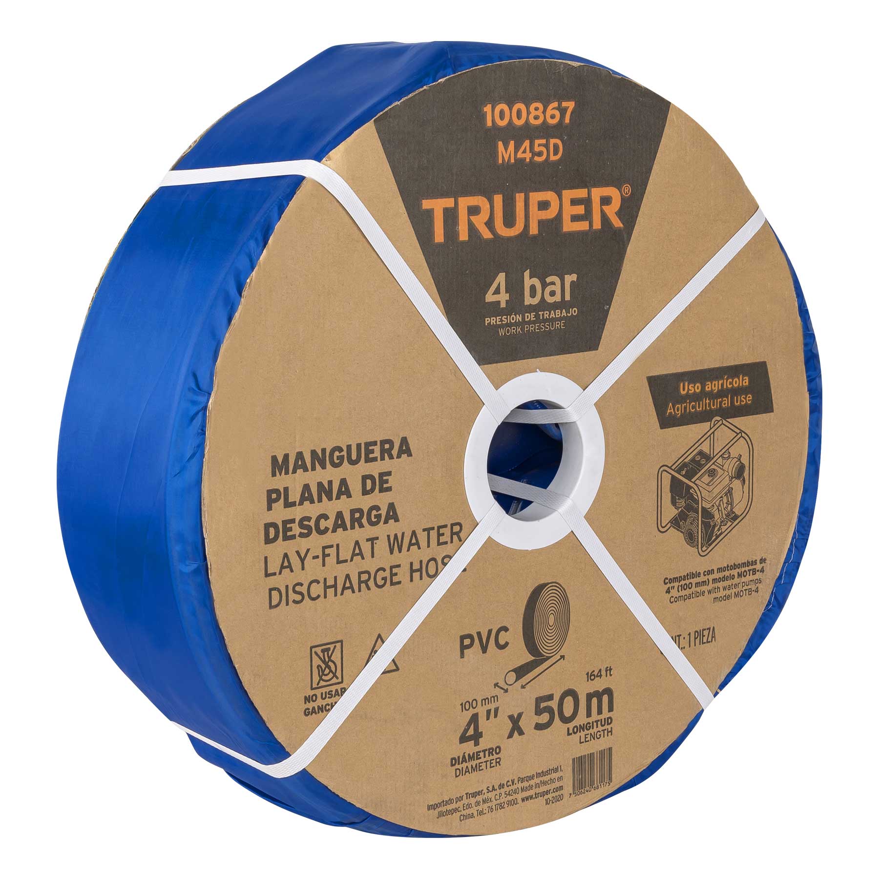Rollo de manguera plana de 4' x 50m de descarga p/motobomba. Modelo: M45D