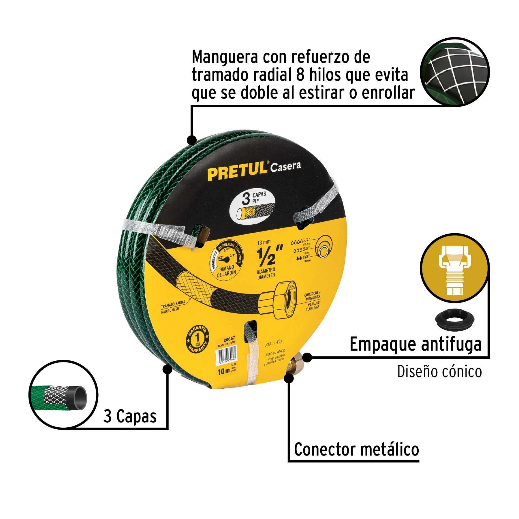 Manguera 1/2' reforzada 3 capas conexiones metal 10m, PRETUL. Modelo: MAN-10X1/2PM