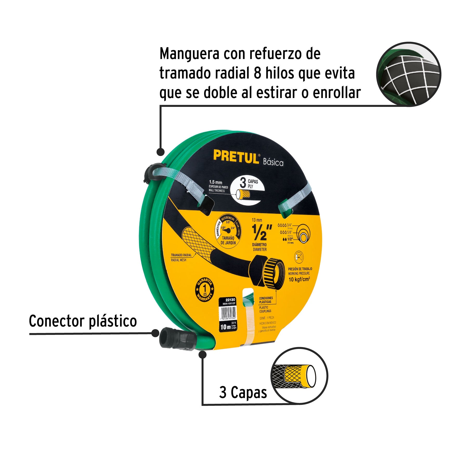 Manguera verde 1/2' 3 capas 10m conexiones plásticas, PRETUL. Modelo: MAN-10X1/2P