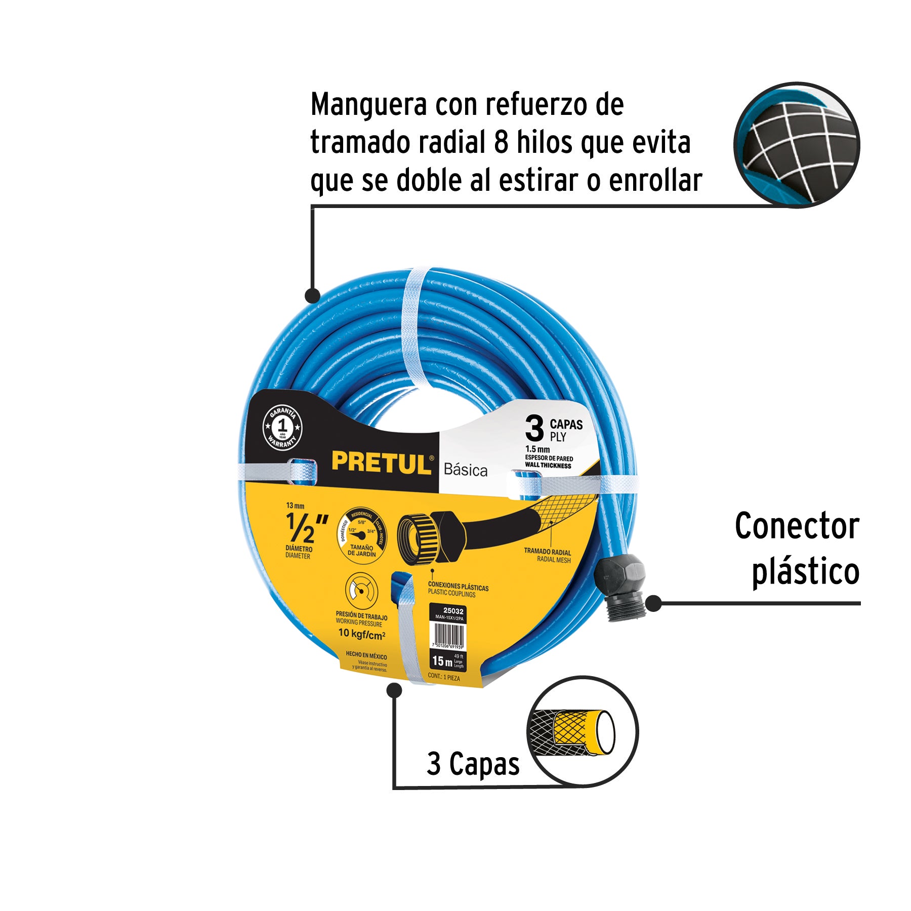 Manguera azul 1/2' 3 capas 15 m conexiones plásticas, PRETUL. Modelo: MAN-15X1/2PA