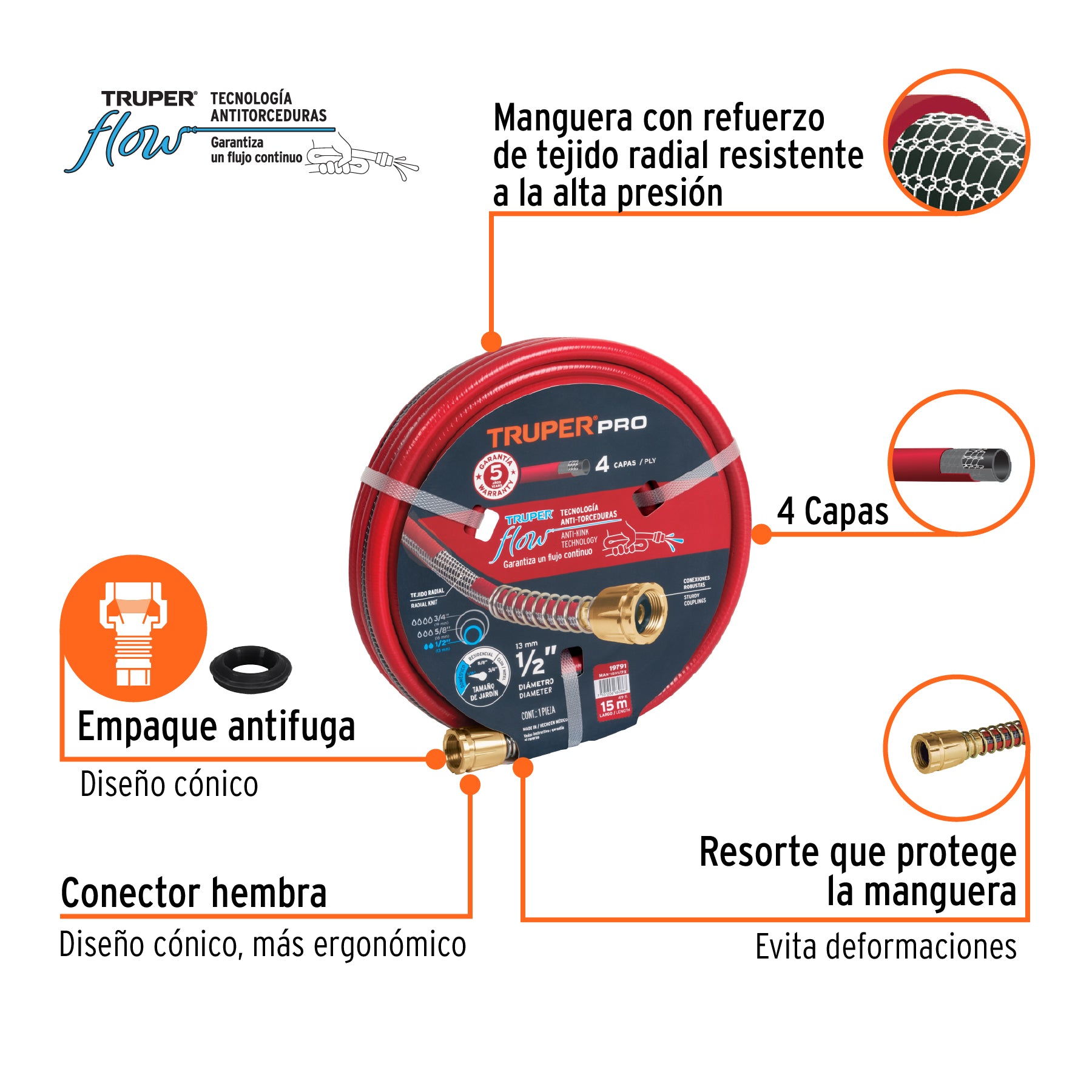 Manguera 1/2' super reforzada 4 capas 15 m conexiones metal. Modelo: MAN-15X1/2X
