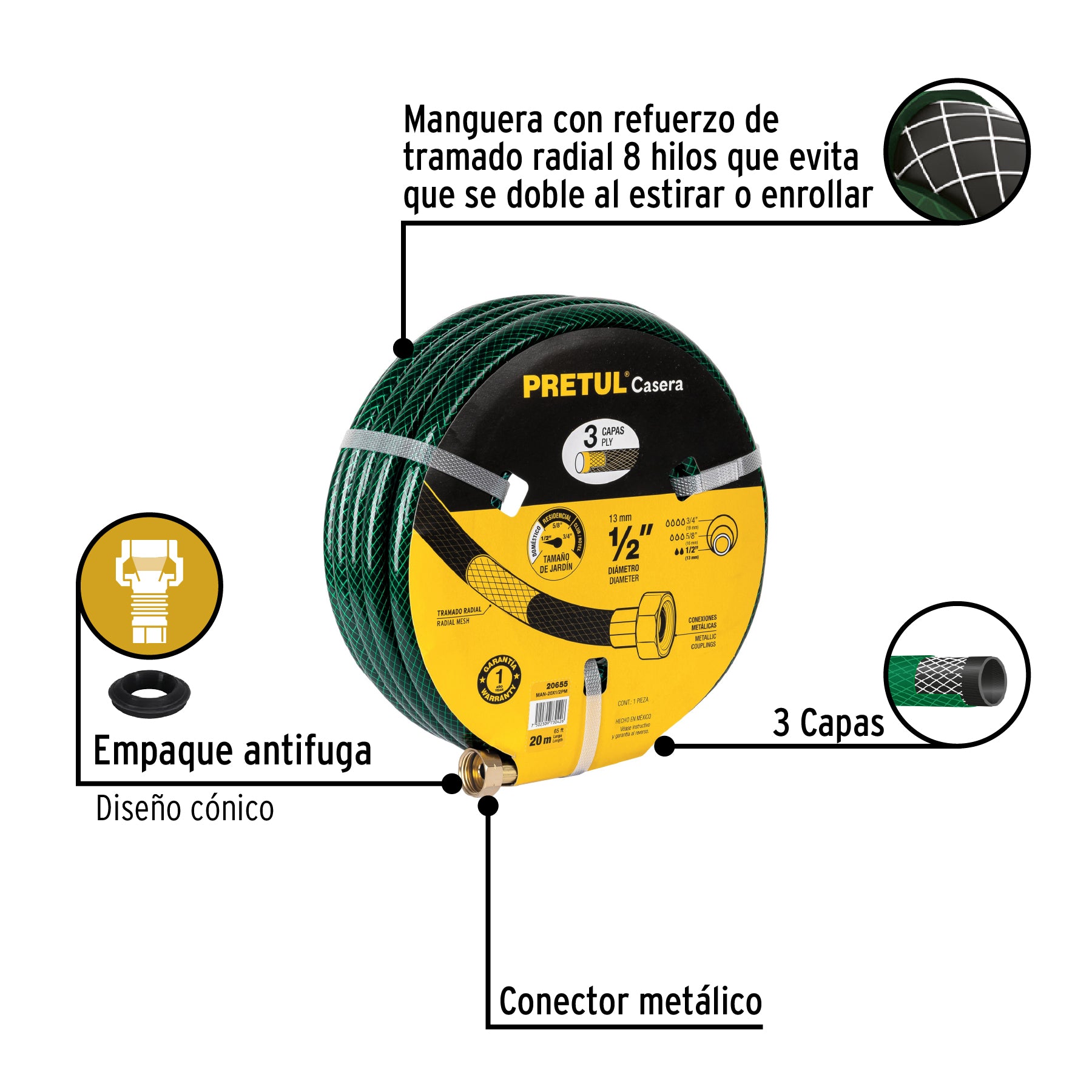 Manguera 1/2' reforzada 3 capas conexiones metal 20m, PRETUL. Modelo: MAN-20X1/2PM