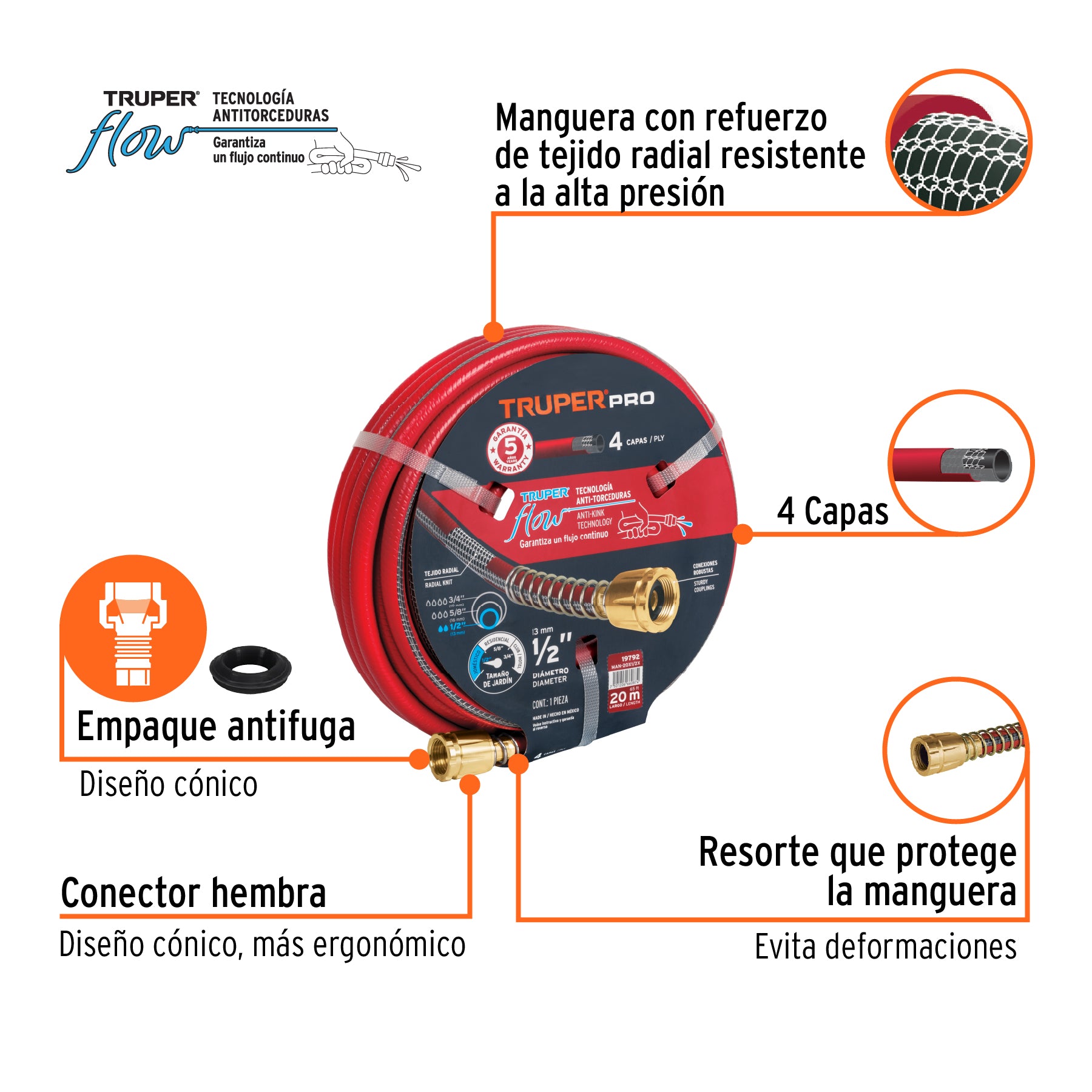 Manguera 1/2' super reforzada 4 capas 20 m conexiones metal. Modelo: MAN-20x1/2X