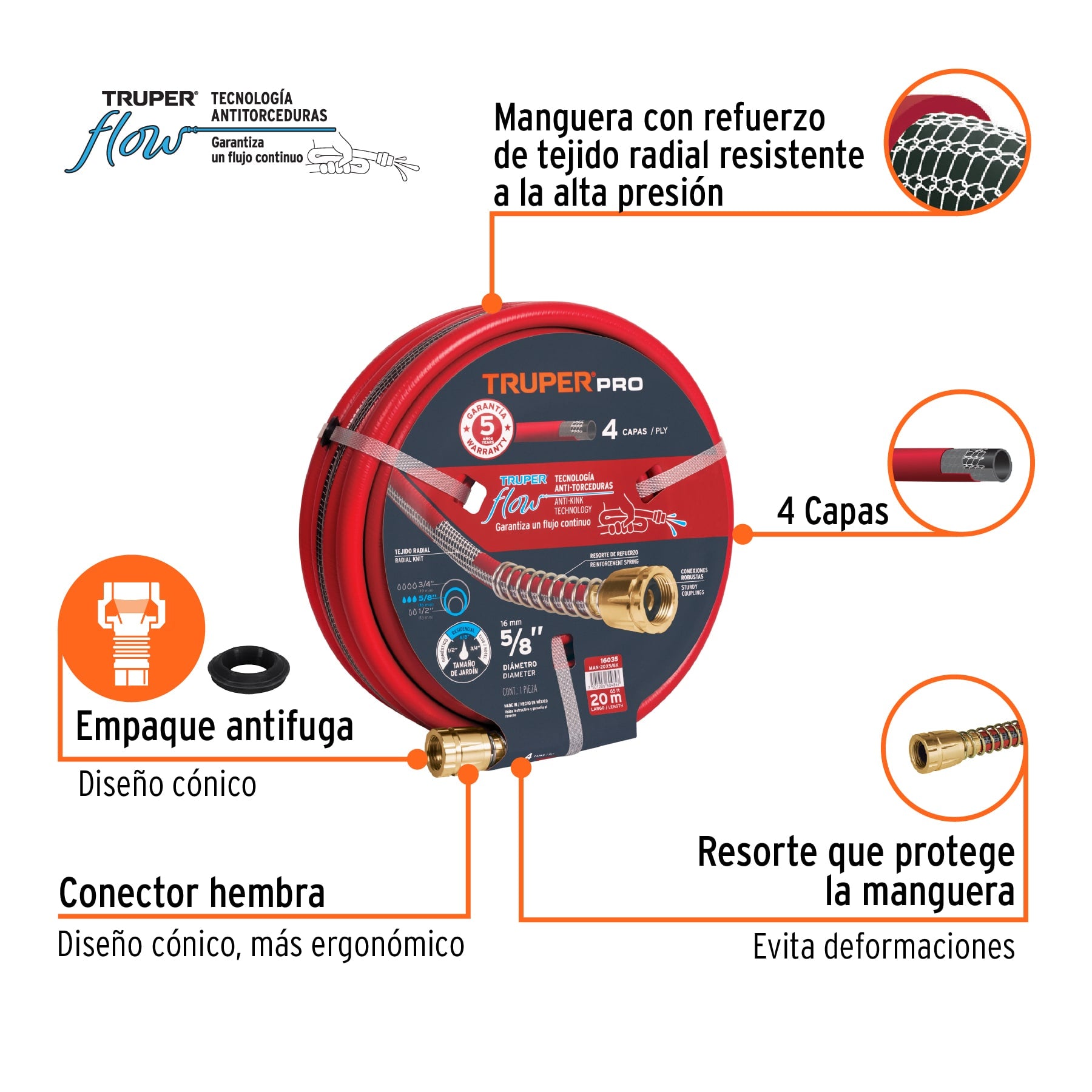 Manguera 5/8' super reforzada 4 capas 20 m conexiones metal. Modelo: MAN-20X5/8X