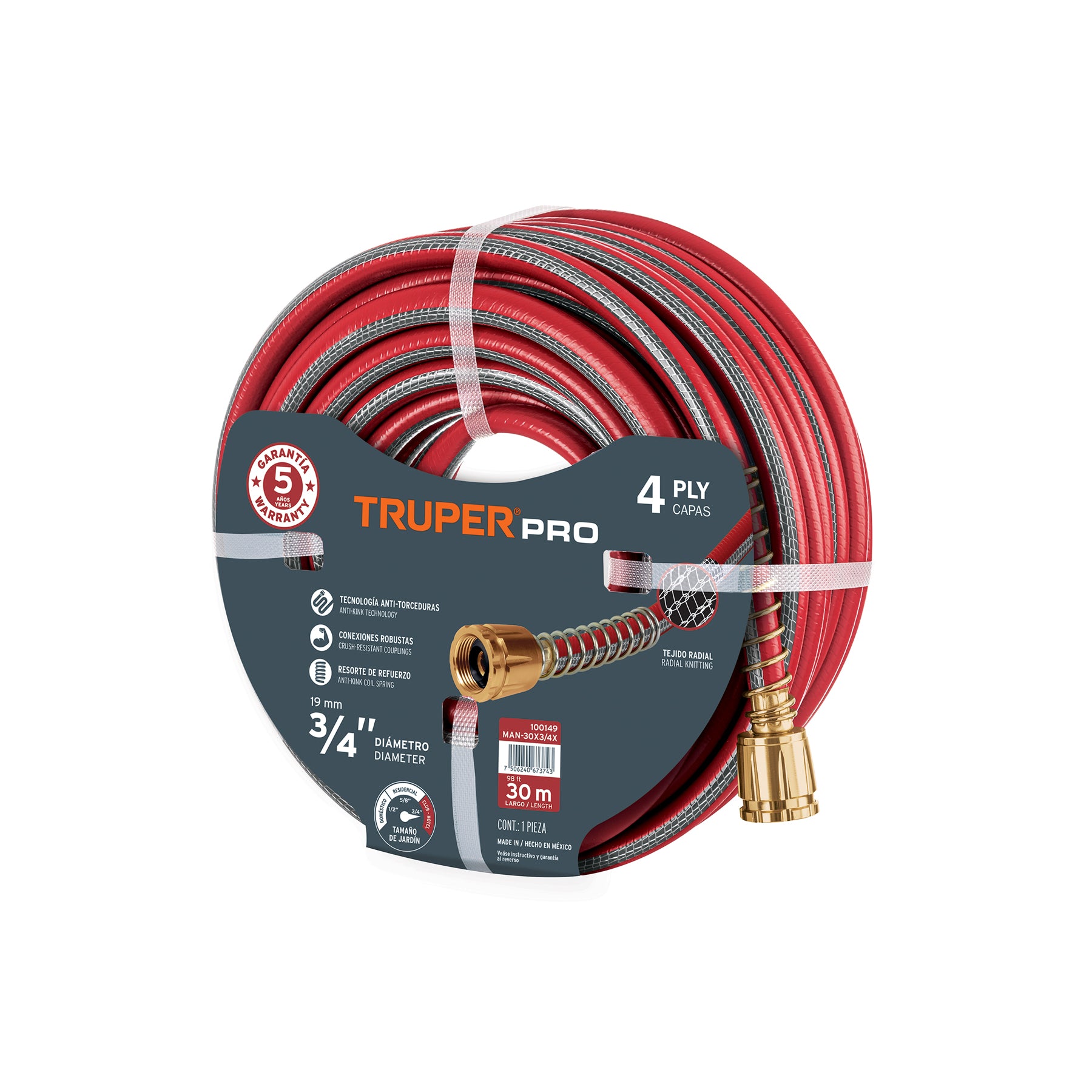 Manguera 1/2' super reforzada 4 capas 25 m conexiones metal. Modelo: MAN-25x1/2X