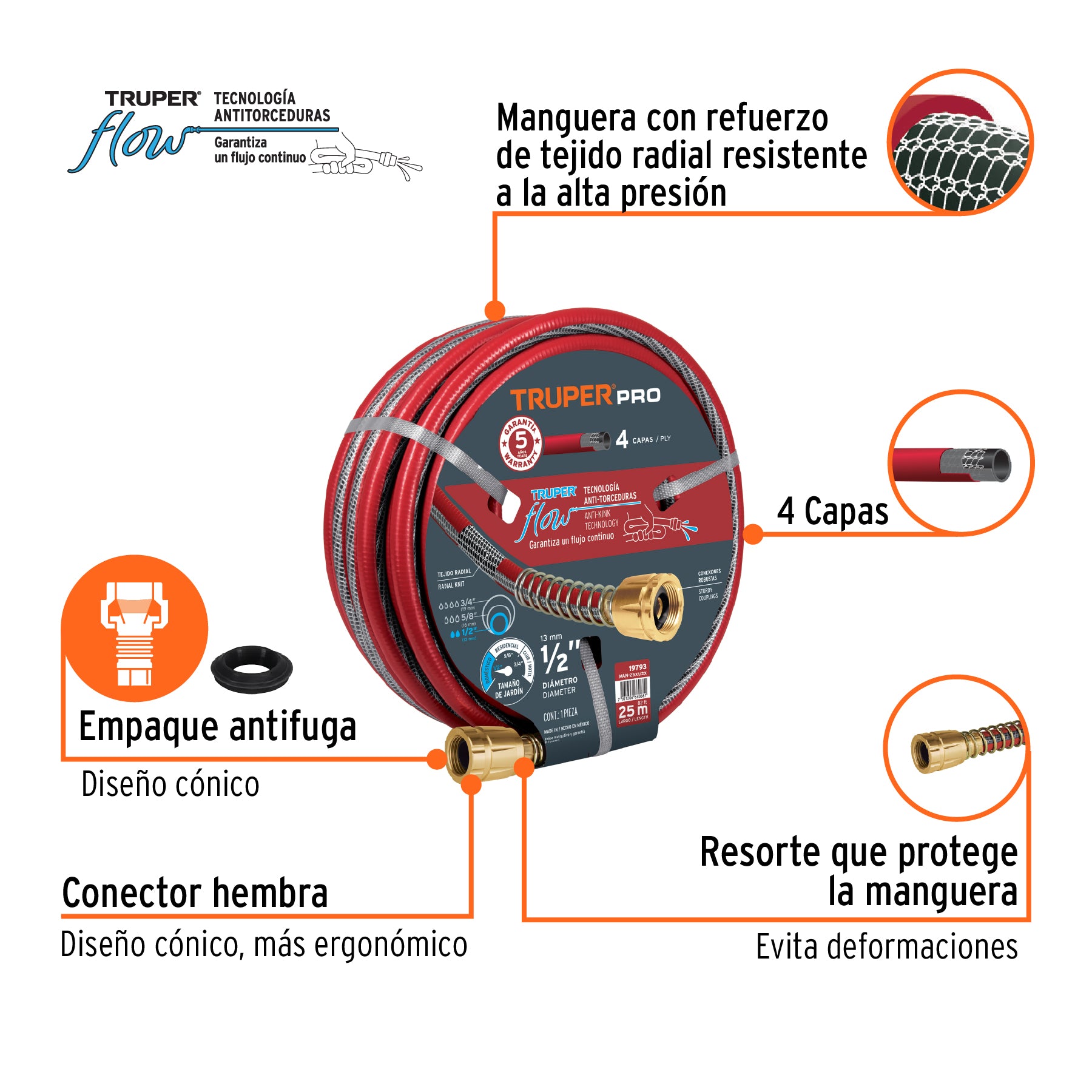 Manguera 1/2' super reforzada 4 capas 25 m conexiones metal. Modelo: MAN-25x1/2X