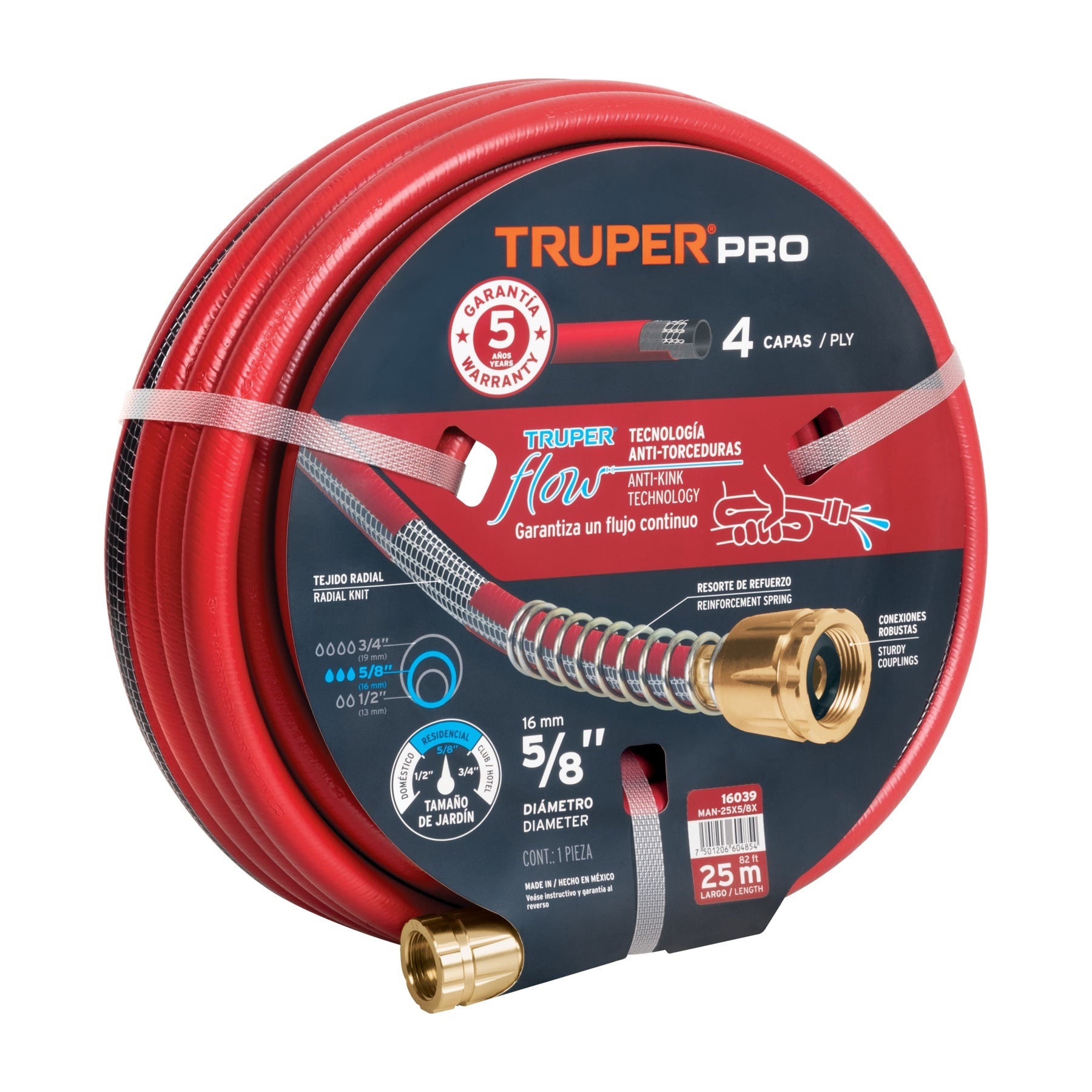 Manguera 5/8' super reforzada 4 capas 25 m conexiones metal. Modelo: MAN-25X5/8X