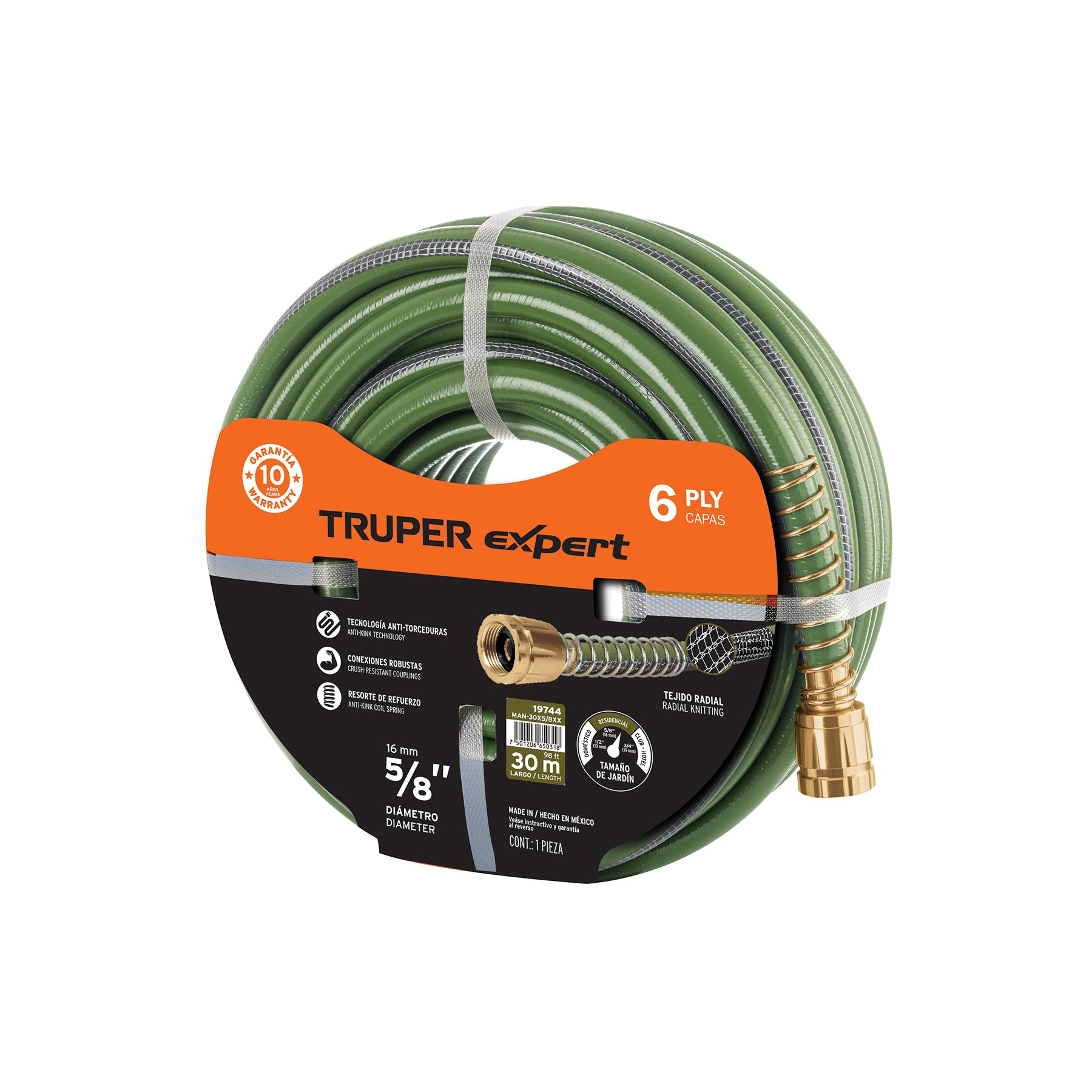 Manguera 5/8' anti-torceduras 6 capas 25m conexiones d/metal. Modelo: MAN-25x5/8XX