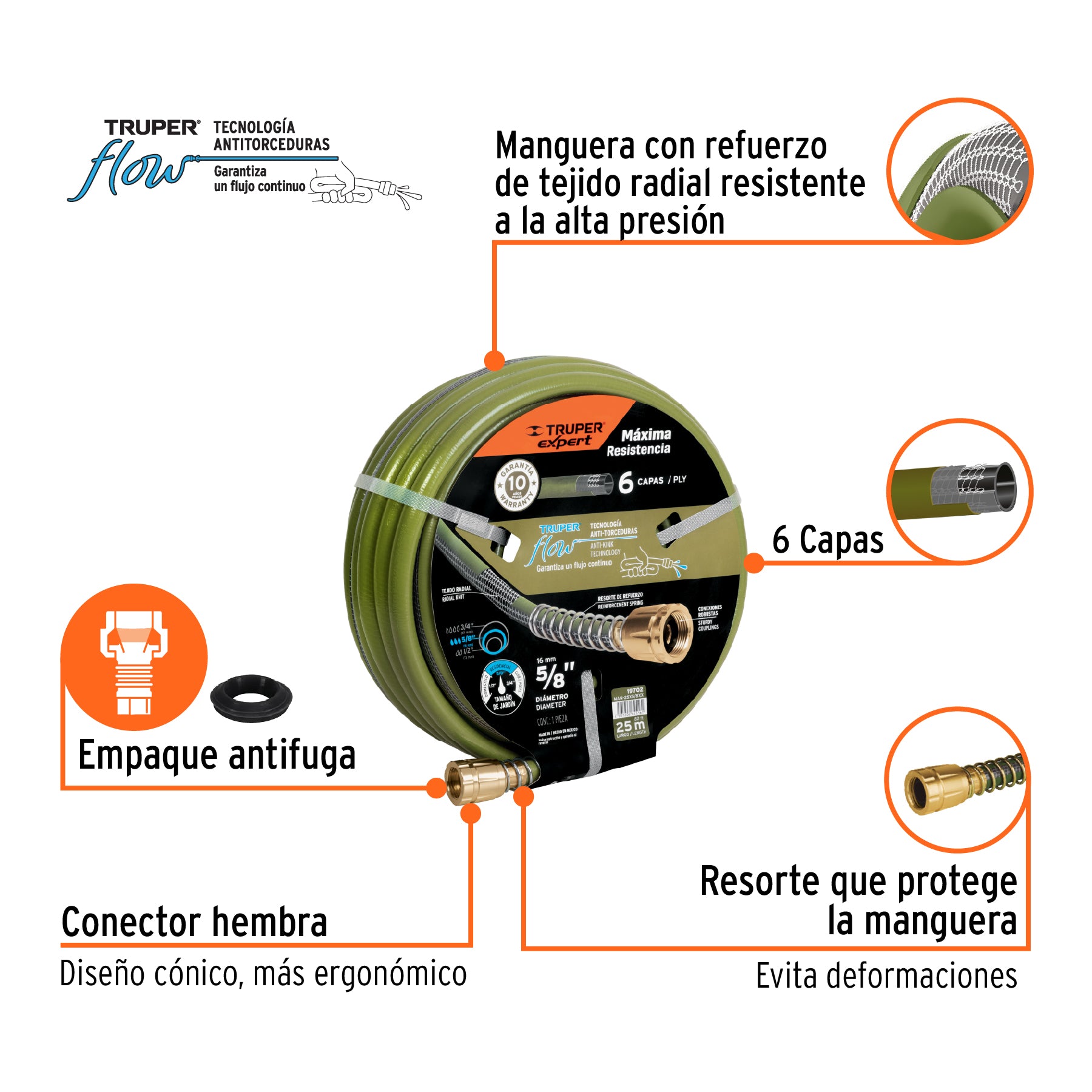 Manguera 5/8' anti-torceduras 6 capas 25m conexiones d/metal. Modelo: MAN-25x5/8XX