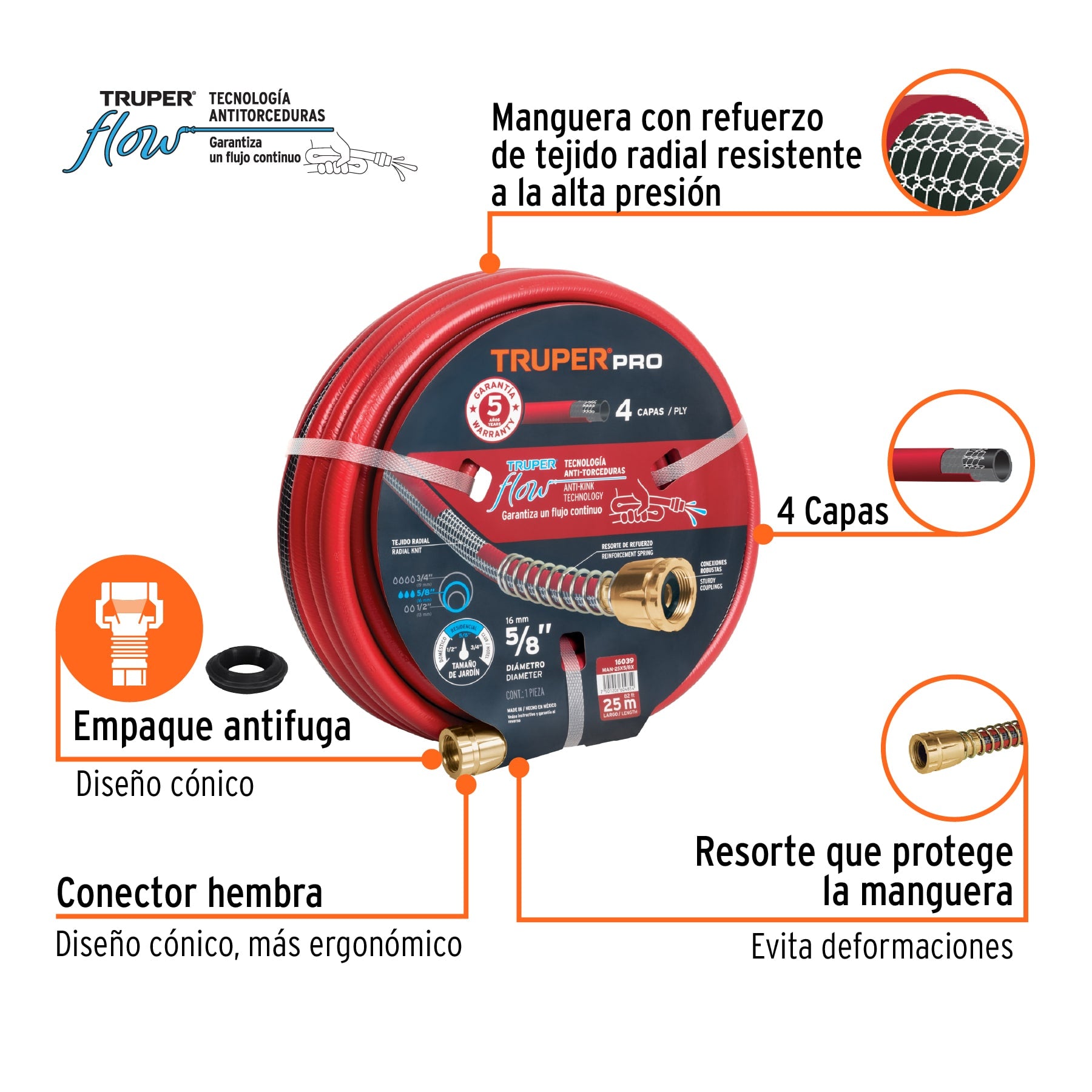 Manguera 5/8' super reforzada 4 capas 25 m conexiones metal. Modelo: MAN-25X5/8X