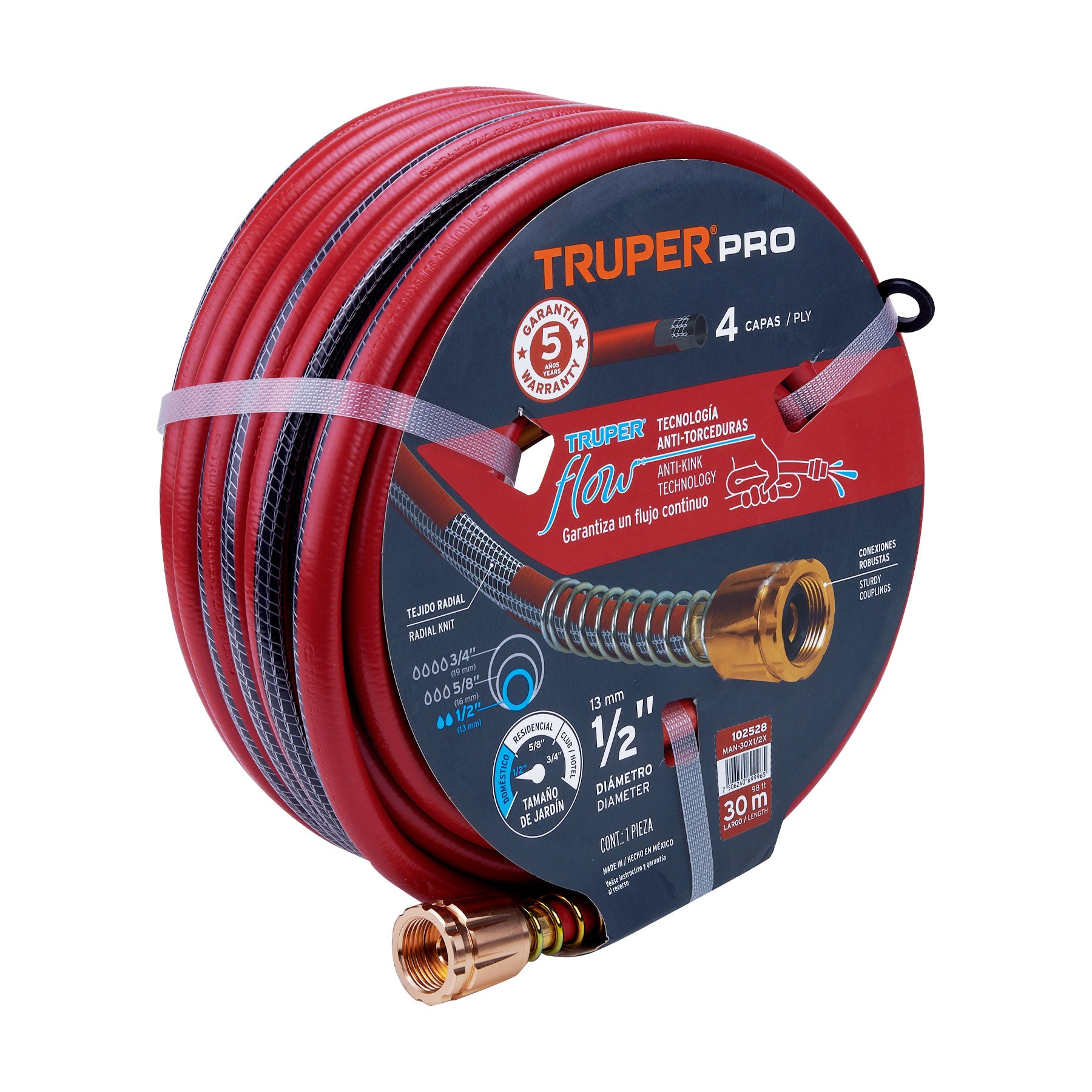 Manguera 1/2' super reforzada 4 capas 30 m conexiones metal. Modelo: MAN-30X1/2X