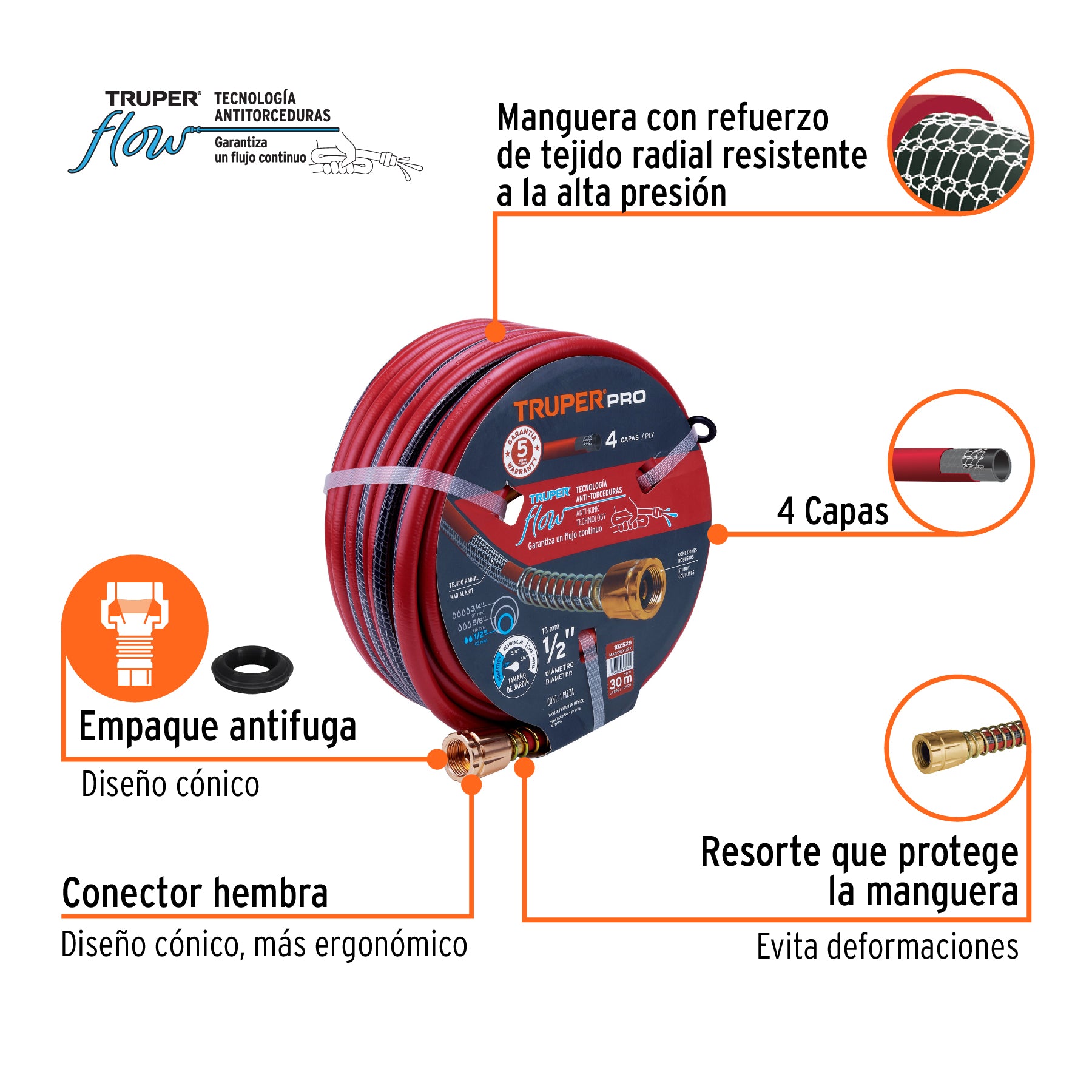 Manguera 1/2' super reforzada 4 capas 30 m conexiones metal. Modelo: MAN-30X1/2X