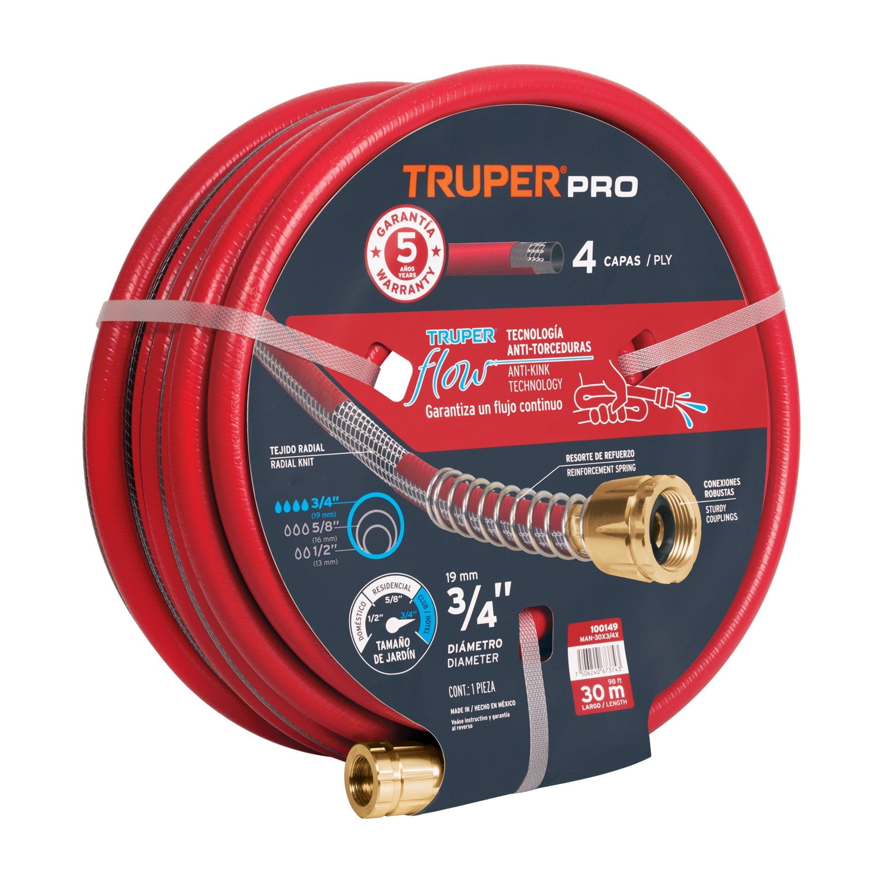 Manguera 3/4' super reforzada 4 capas 30m conexiones metal. Modelo: MAN-30X3/4X
