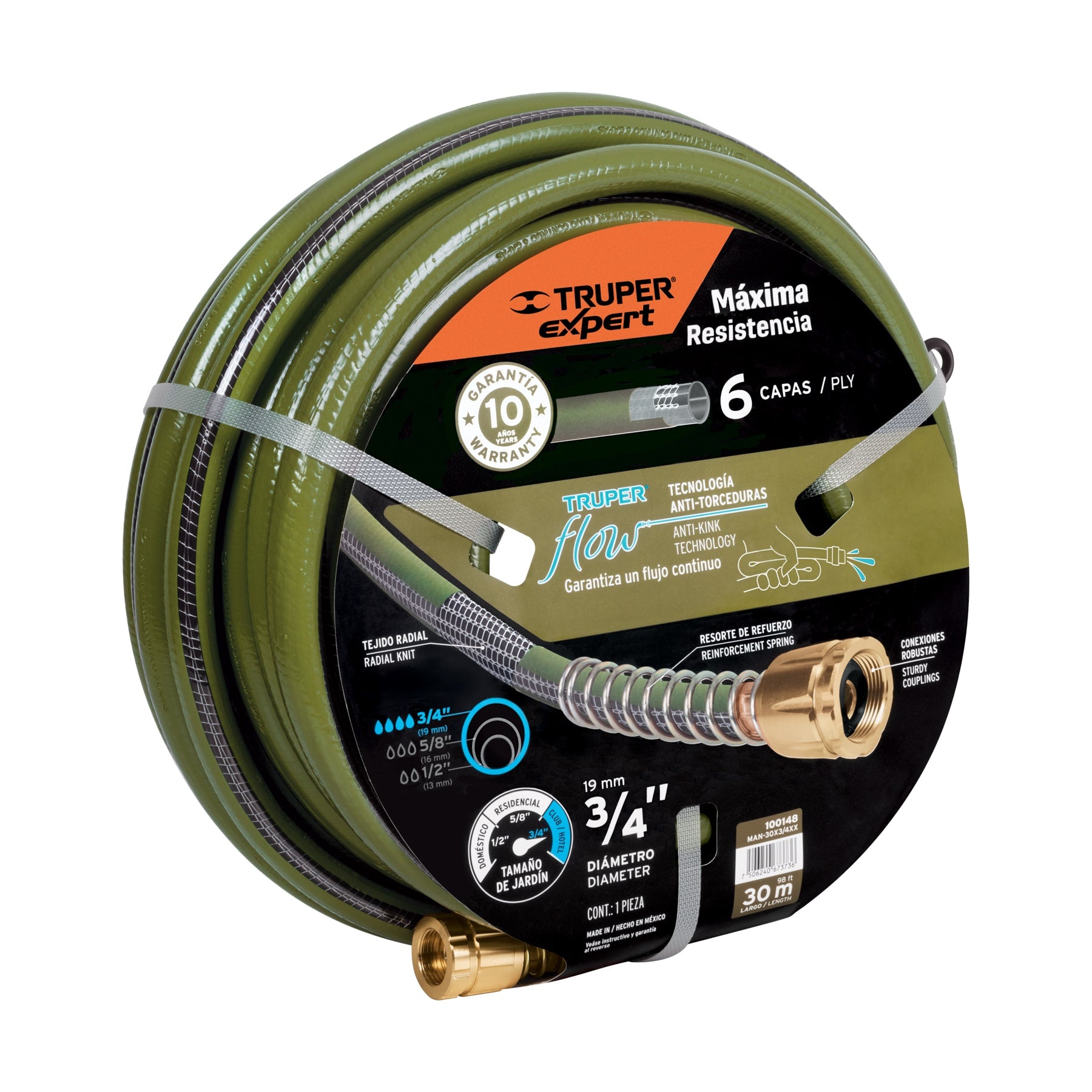 Manguera 3/4' anti-torceduras 6 capas 30m conexiones d/metal. Modelo: MAN-30X3/4XX