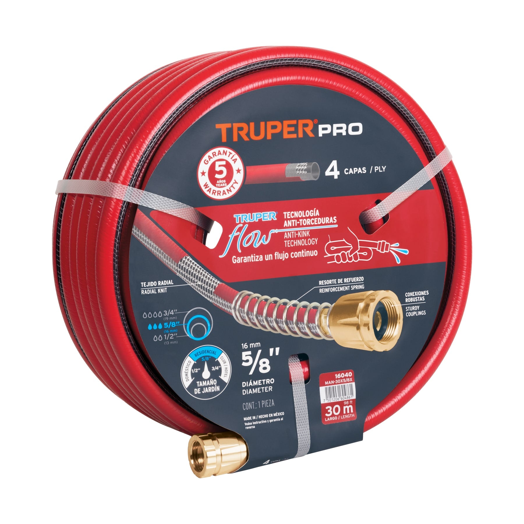 Manguera 5/8' super reforzada 4 capas 30 m conexiones metal. Modelo: MAN-30X5/8X