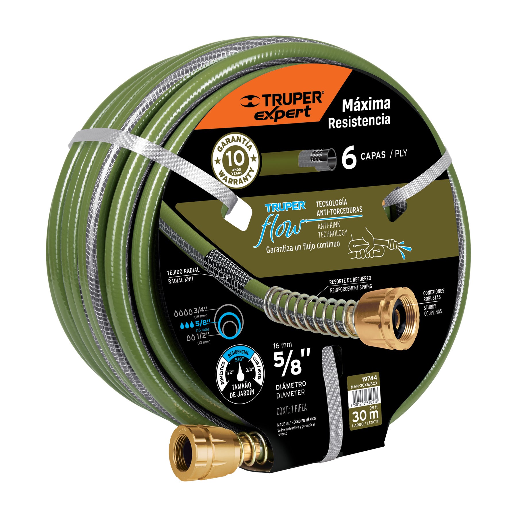 Manguera 5/8' anti-torceduras 6 capas 30m conexiones d/metal. Modelo: MAN-30X5/8XX