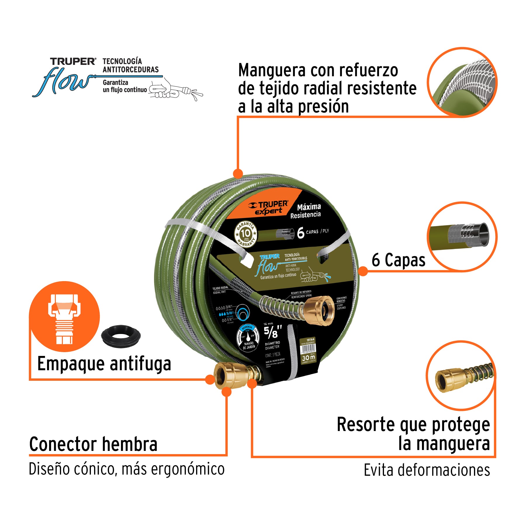 Manguera 5/8' anti-torceduras 6 capas 30m conexiones d/metal. Modelo: MAN-30X5/8XX