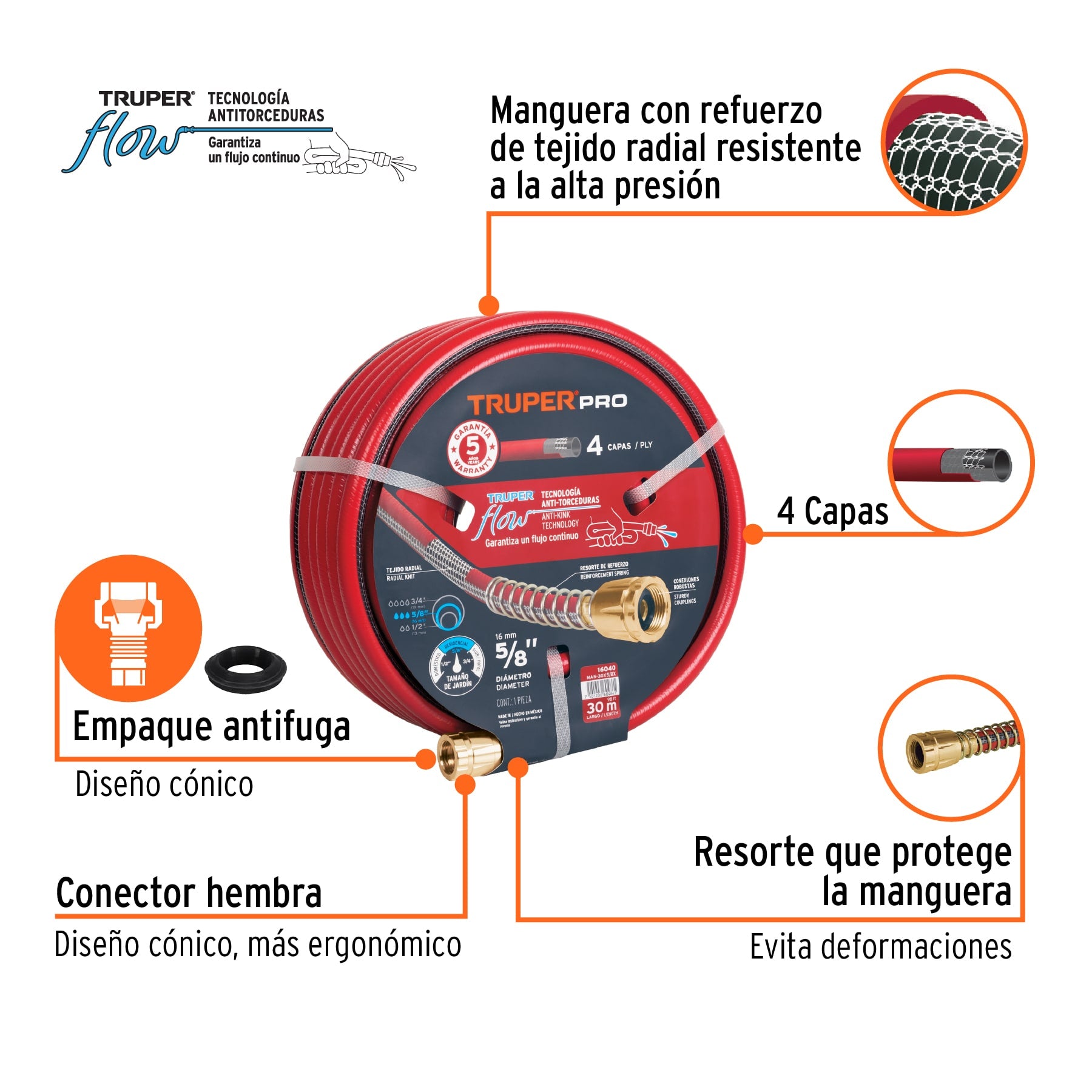 Manguera 5/8' super reforzada 4 capas 30 m conexiones metal. Modelo: MAN-30X5/8X