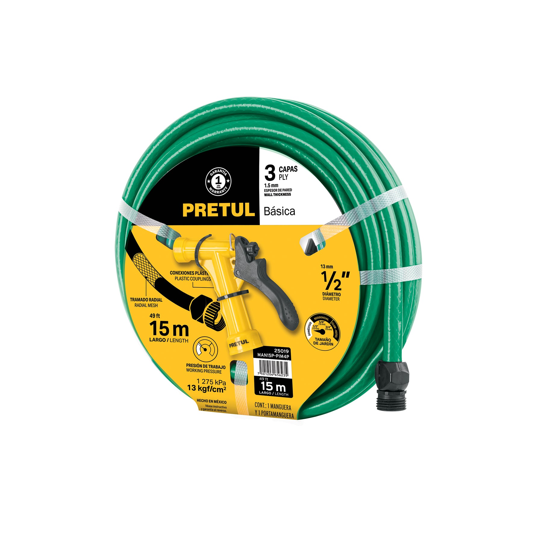 Combo manguera MAN-15X1/2P y pistola de riego PIM-4P, PRETUL. Modelo: MAN15P-PIM4P
