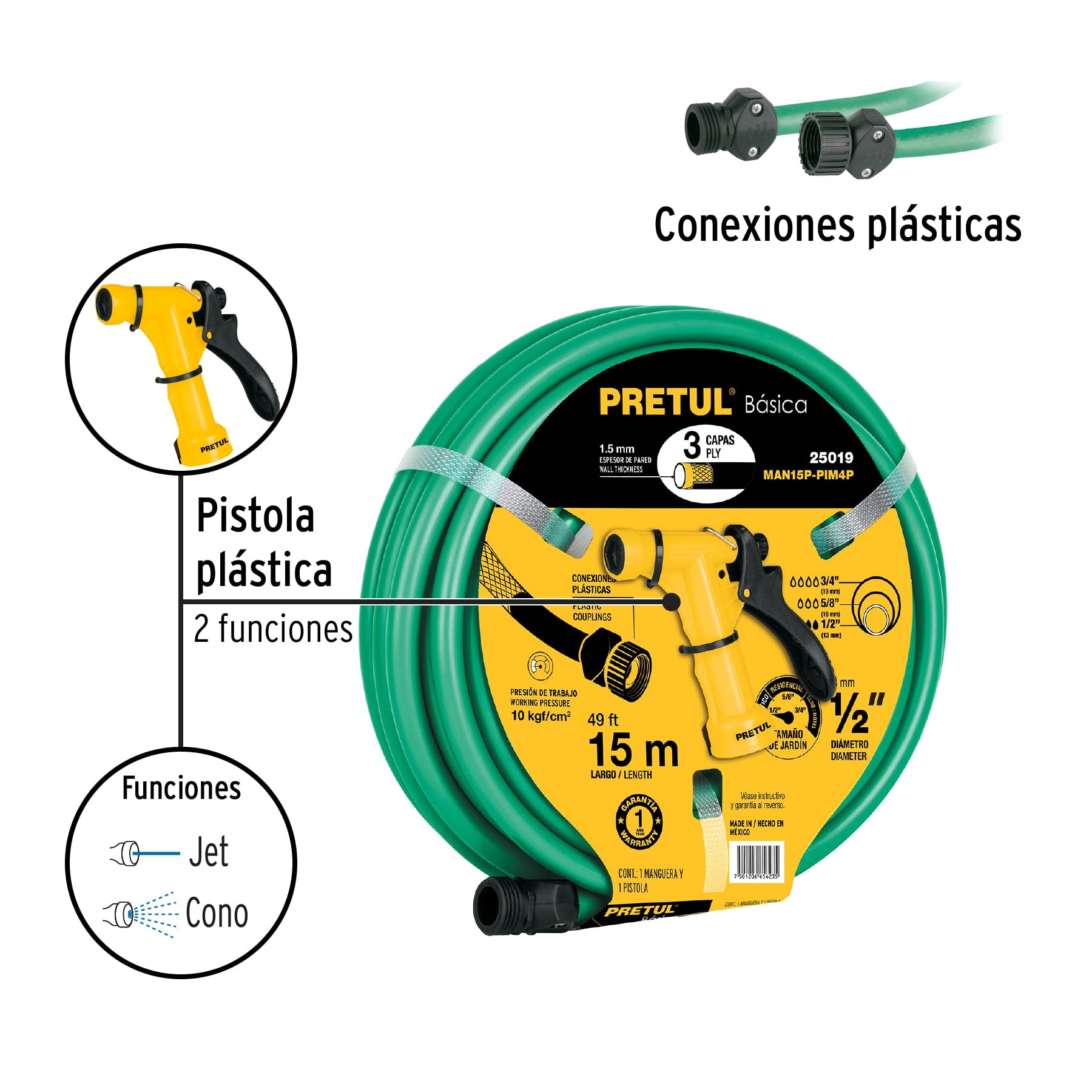 Combo manguera MAN-15X1/2P y pistola de riego PIM-4P, PRETUL. Modelo: MAN15P-PIM4P