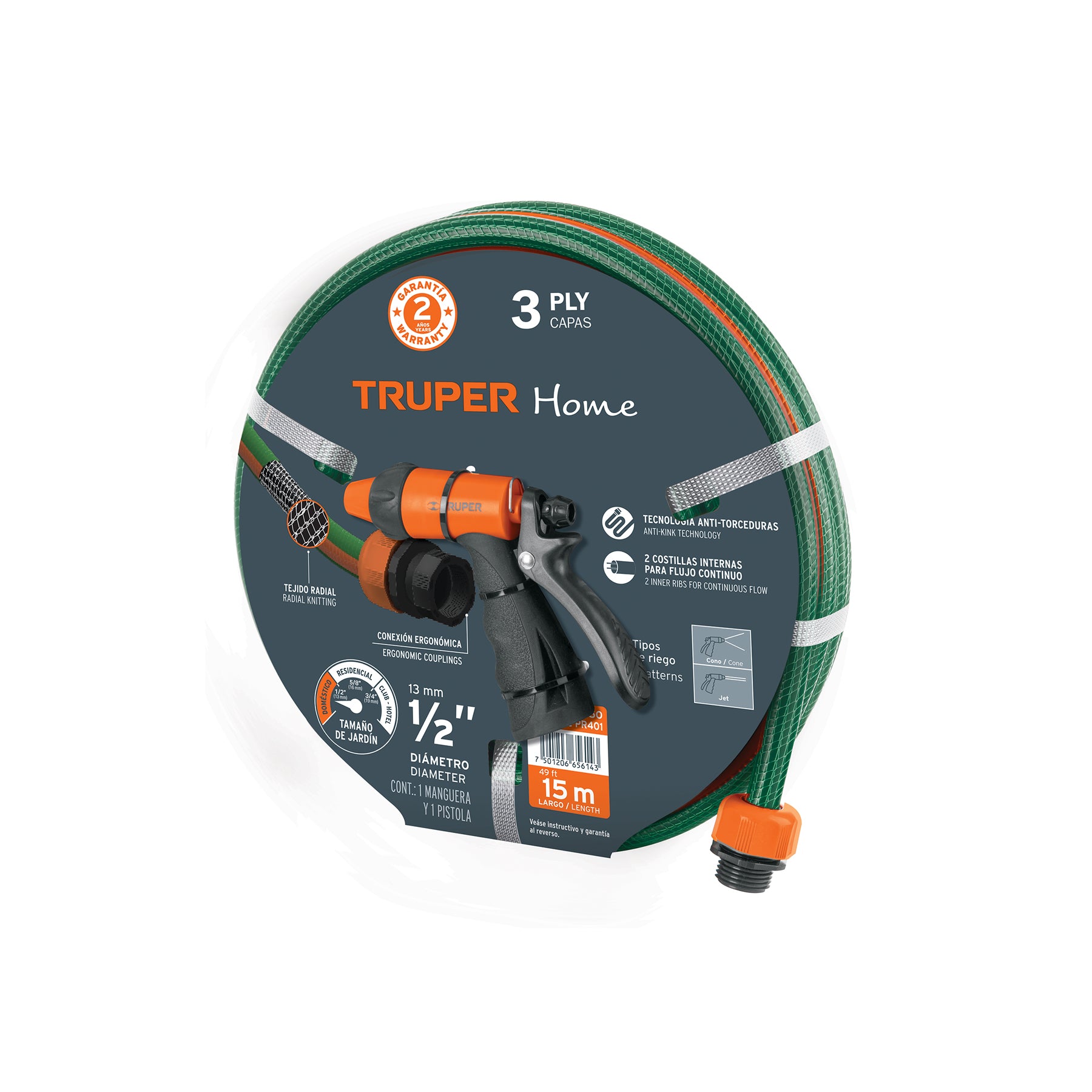 Combo manguera MAN-15X1/2RE y pistola de riego PR-401. Modelo: MAN15RE-PR401