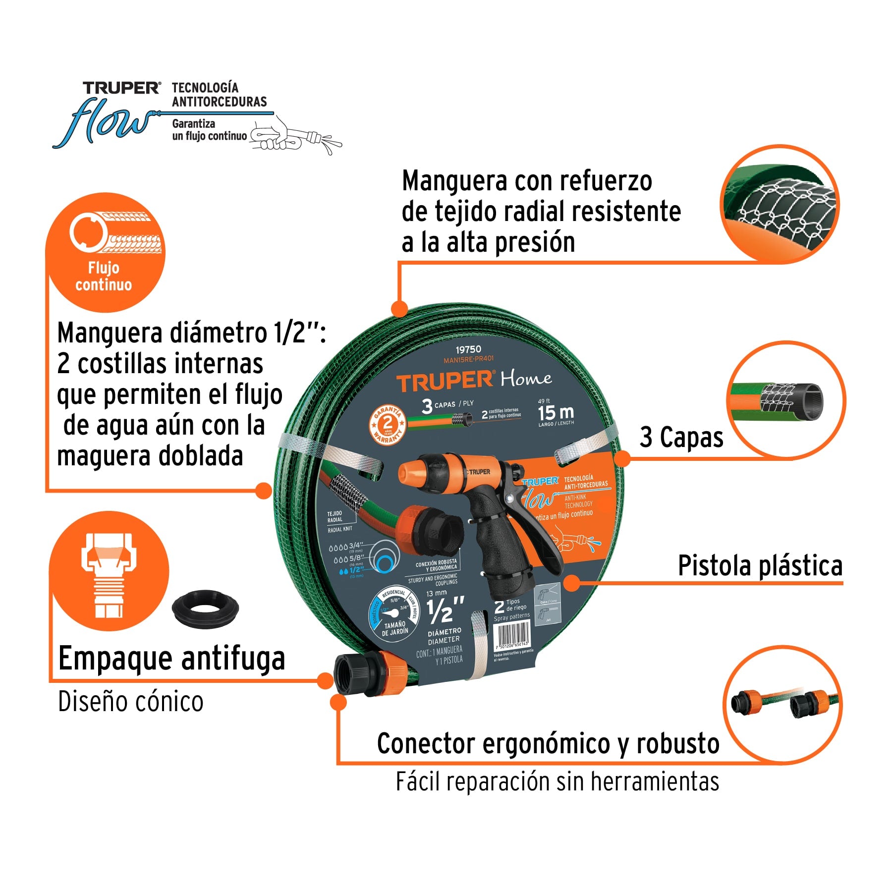 Combo manguera MAN-15X1/2RE y pistola de riego PR-401. Modelo: MAN15RE-PR401