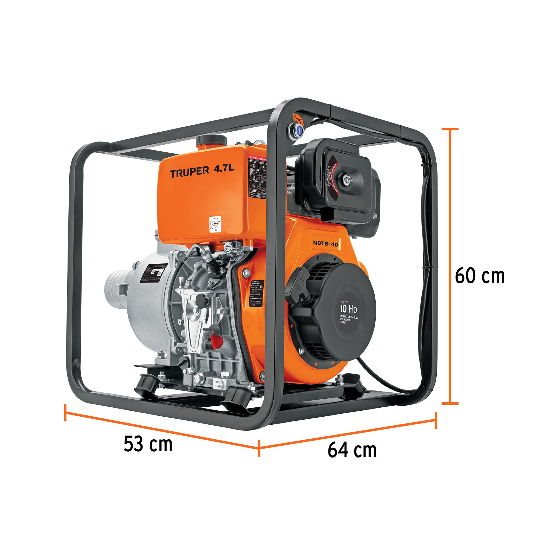 Motobomba autocebante 4'x4', diesel 10HP, agrícola, TRUPER. Modelo: MOTB-4D