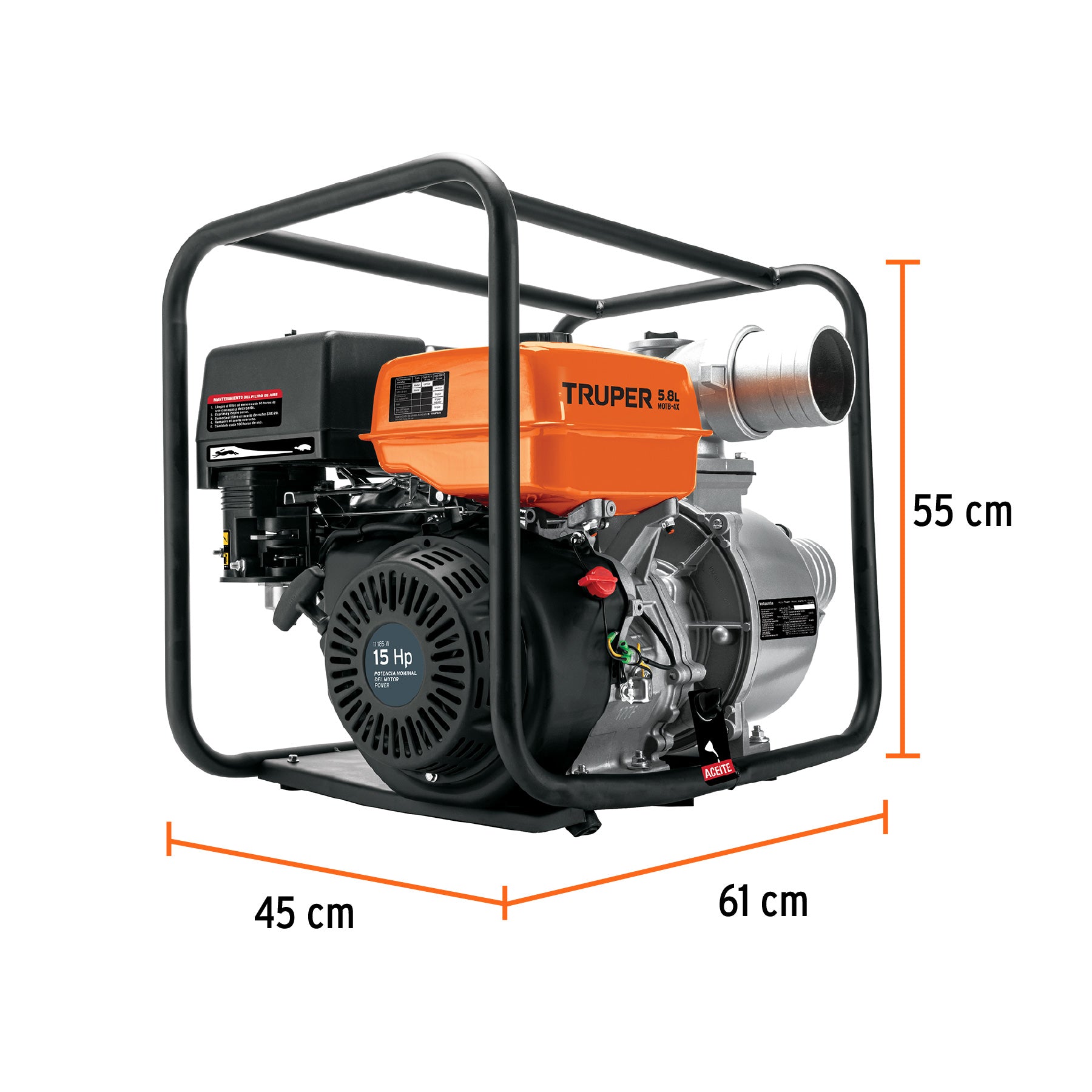 Motobomba autocebante 4'x4', gasolina 15HP, agrícola, TRUPER. Modelo: MOTB-4X