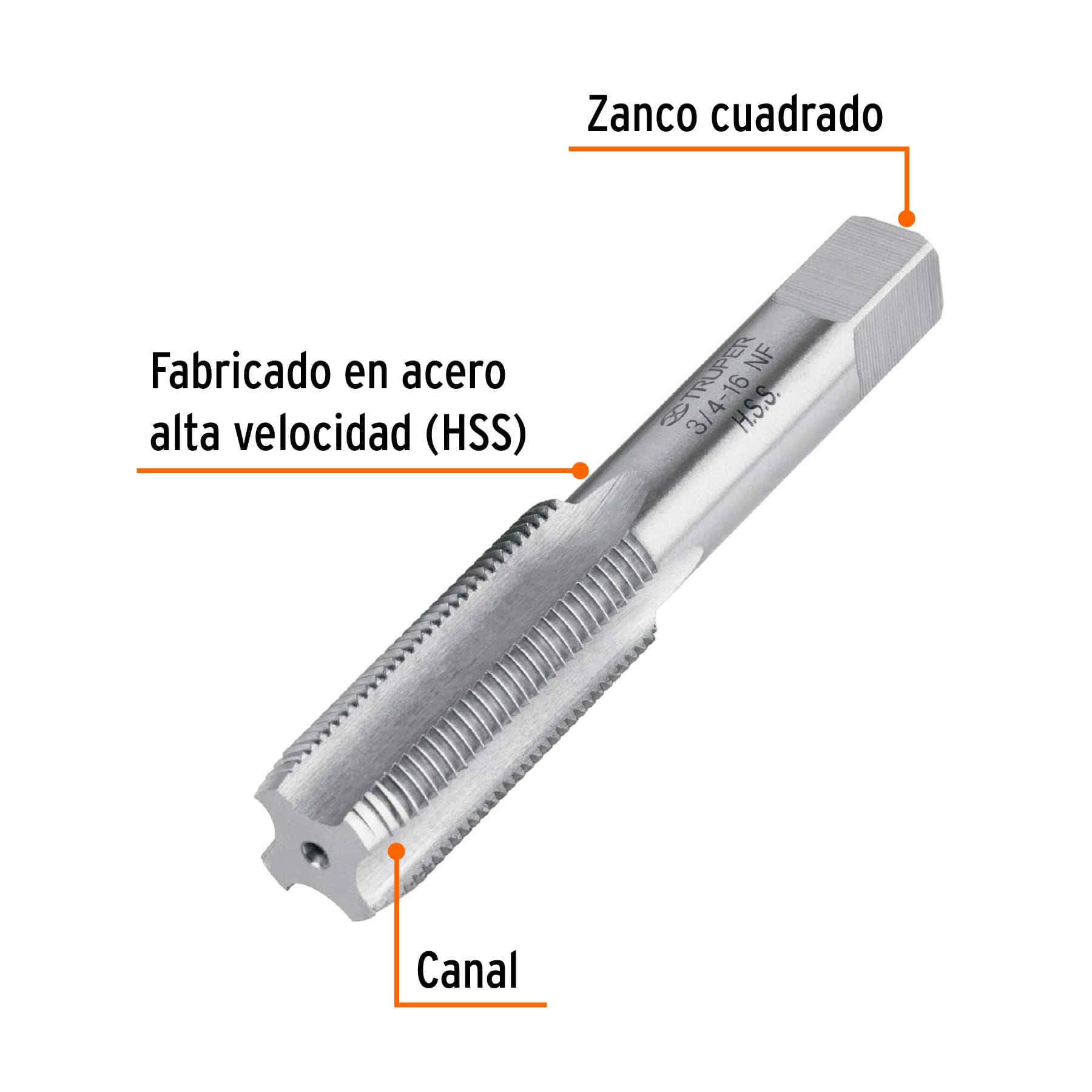 Machuelo semicónico 3/4'x16 UNF, estuche individual, TRUPER. Modelo: MT-3/4X16