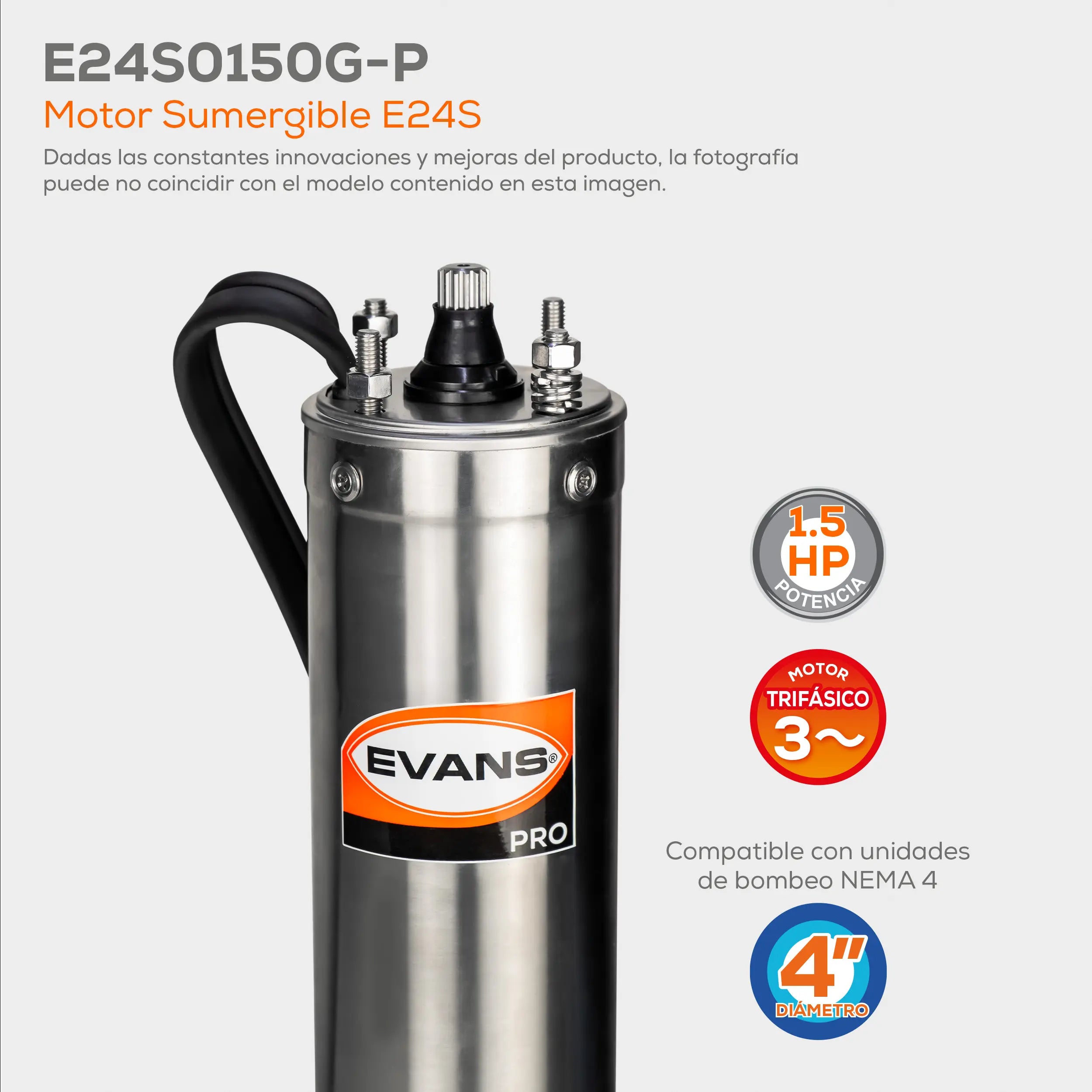 Motor sumergible 4",1.5HP a 220V Trifásico Marca EVANS. Modelo: E24S0150G-P
