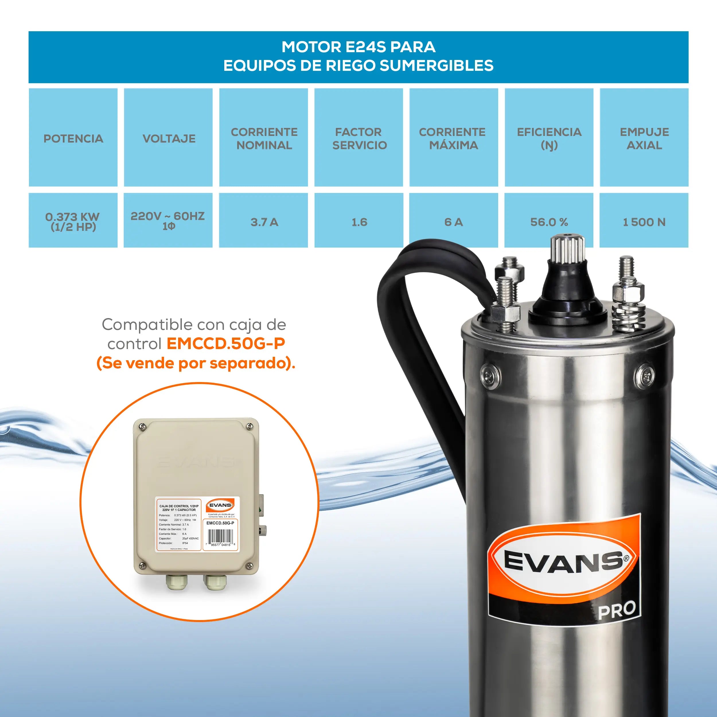 Motor sumergible 4",1/2HP a 220V Monofásico Marca EVANS. Modelo: E24S050G3-P