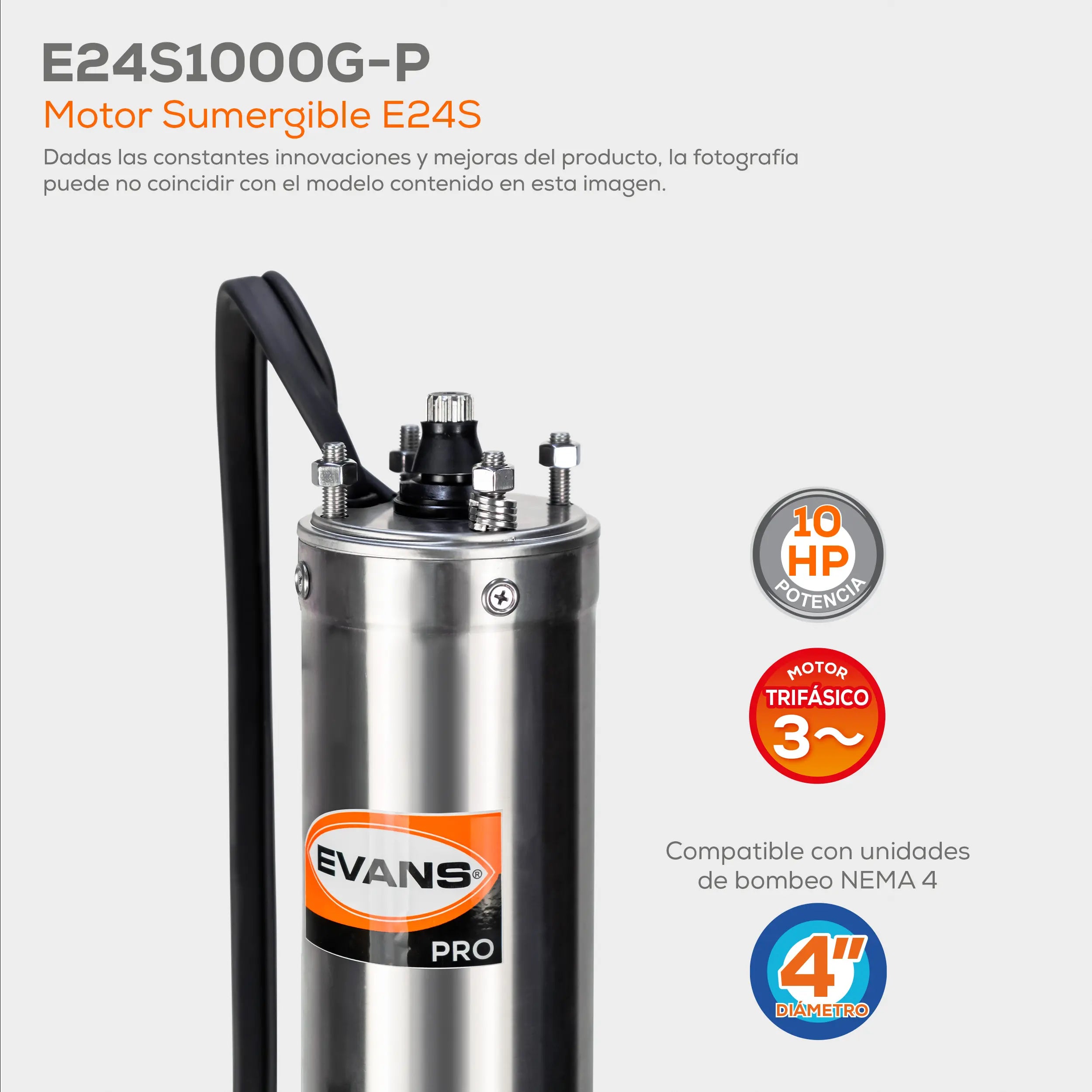 Motor sumergible 4",10 HP a 220V Marca EVANS. Modelo: E24S1000G-P