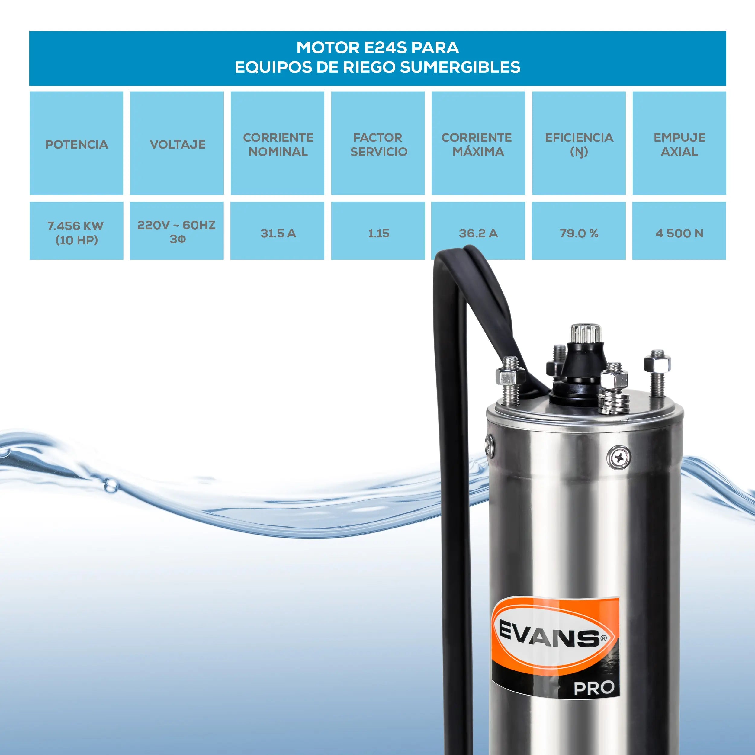Motor sumergible 4",10 HP a 220V Marca EVANS. Modelo: E24S1000G-P