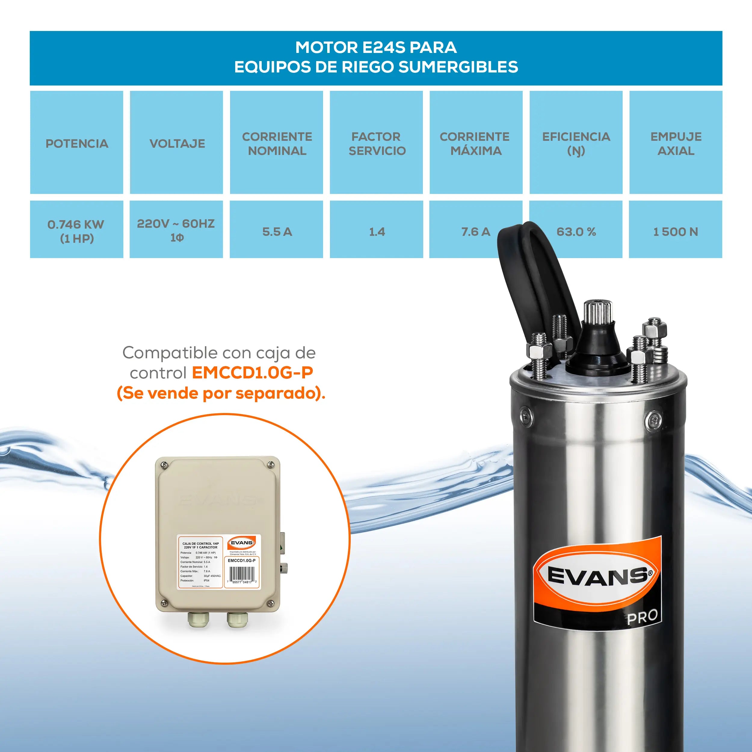 Motor sumergible 4", 1 HP a 220V Monofásico Marca EVANS. Modelo: E24S100G3-P
