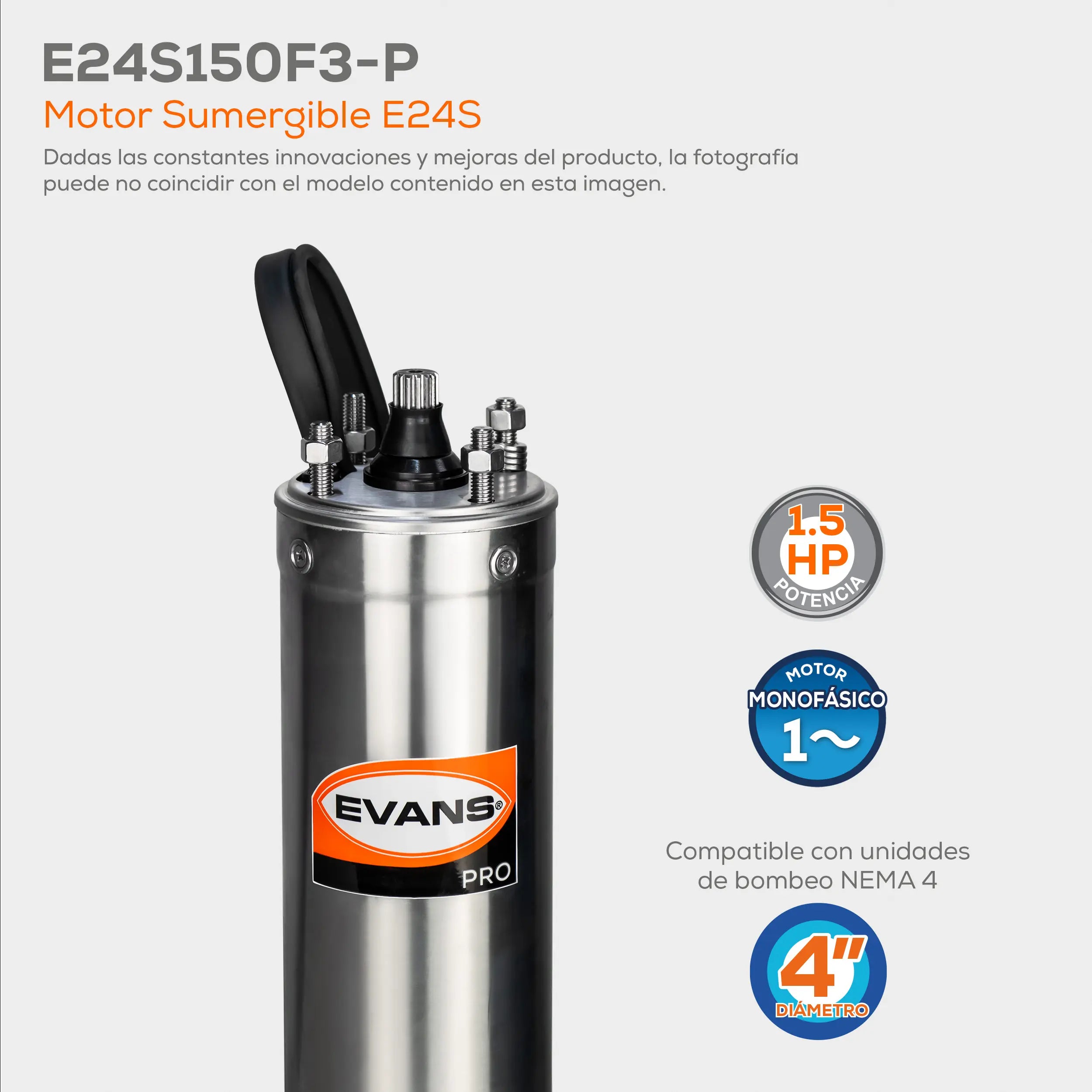 Motor sumergible 4",1.5HP a 110V 115 V Marca EVANS. Modelo: E24S150F3-P
