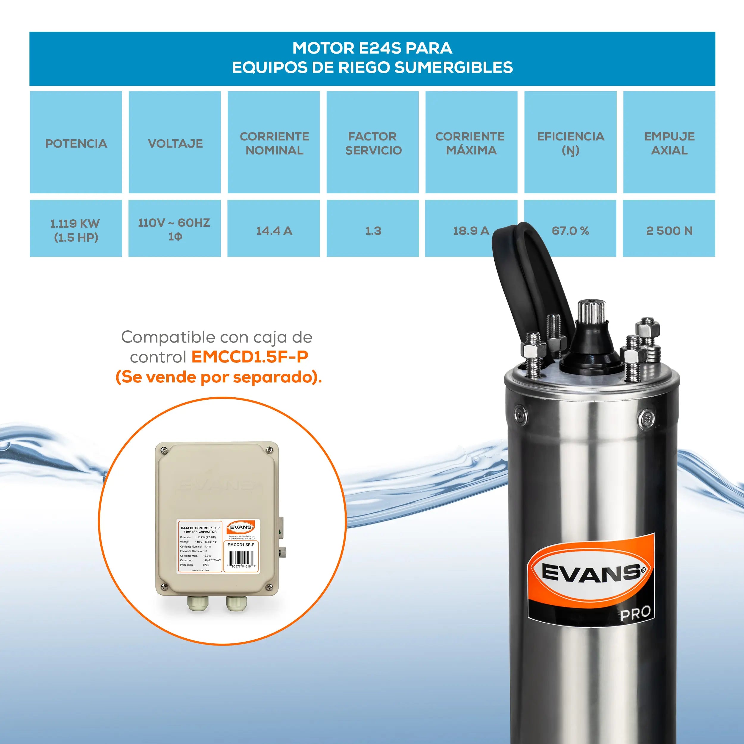 Motor sumergible 4",1.5HP a 110V 115 V Marca EVANS. Modelo: E24S150F3-P