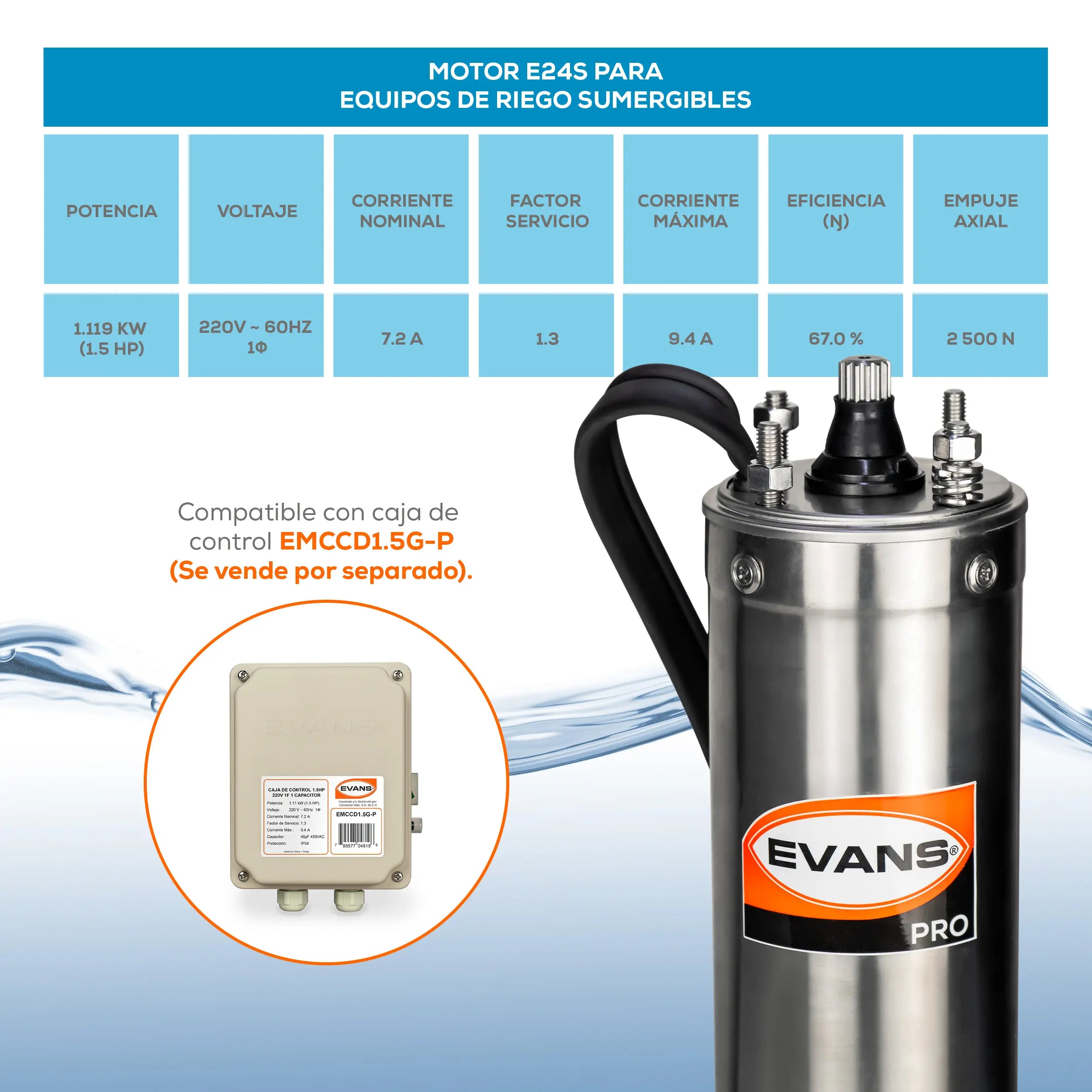 Motor sumergible 4",1.5HP a 220V Monofásico Marca EVANS. Modelo: E24S150G3-P