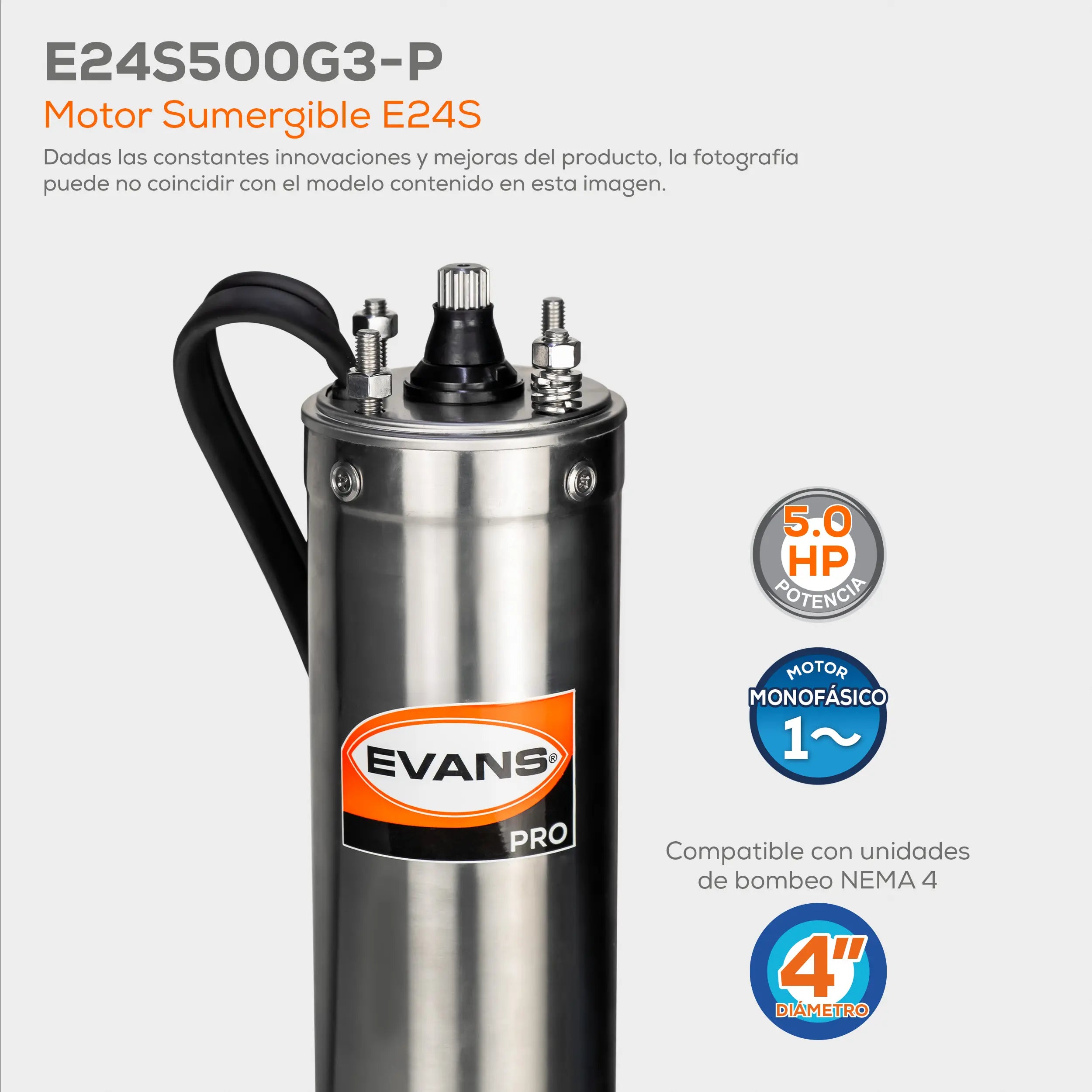 Motor sumergible 4", 5 HP a 220V Monofásico Marca EVANS. Modelo: E24S500G3-P