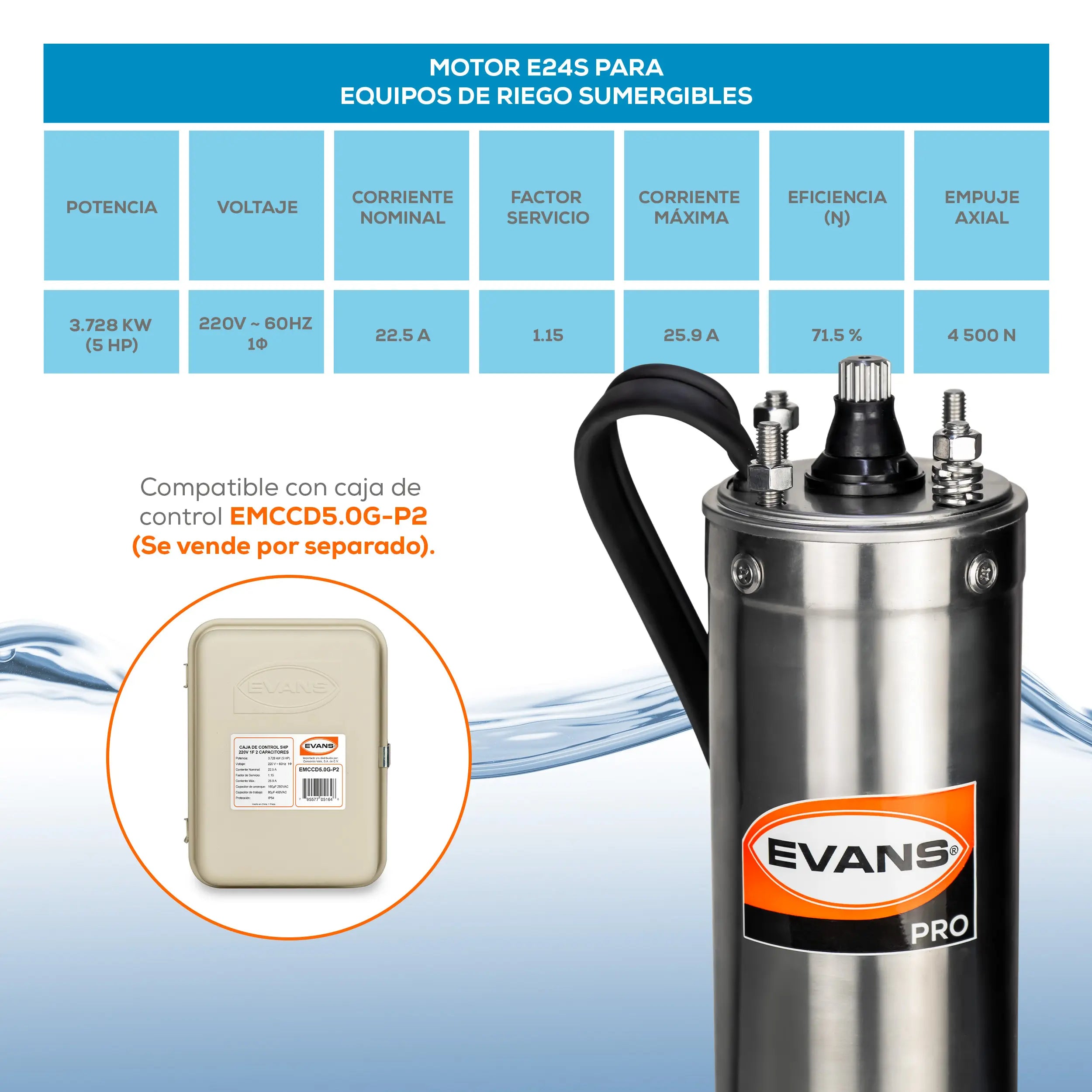 Motor sumergible 4", 5 HP a 220V Monofásico Marca EVANS. Modelo: E24S500G3-P