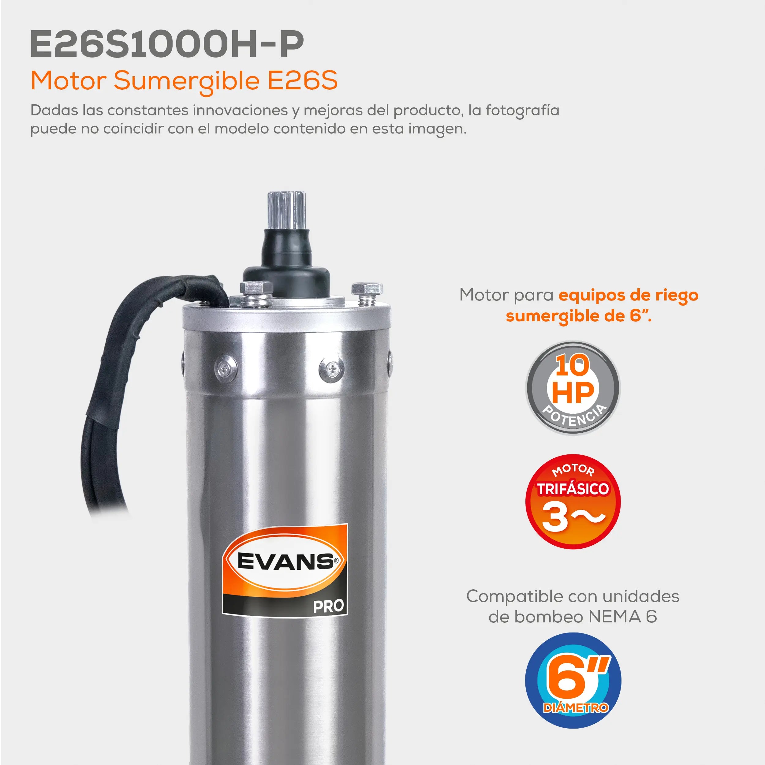 Motor sumergible 6",10 HP a 440V Marca EVANS. Modelo: E26S1000H-P