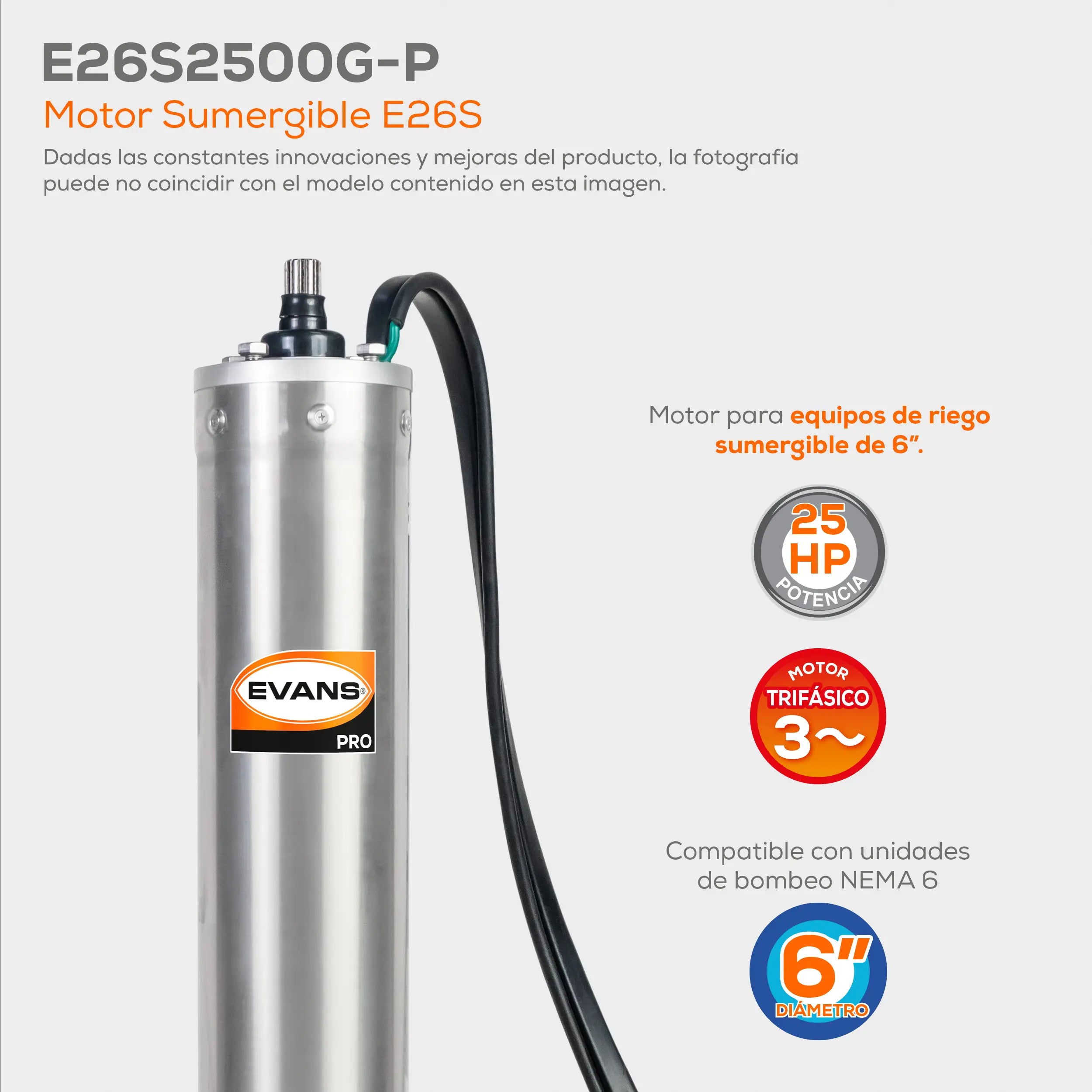 Motor sumergible 6",25 HP a 220V Marca EVANS. Modelo: E26S2500G-P