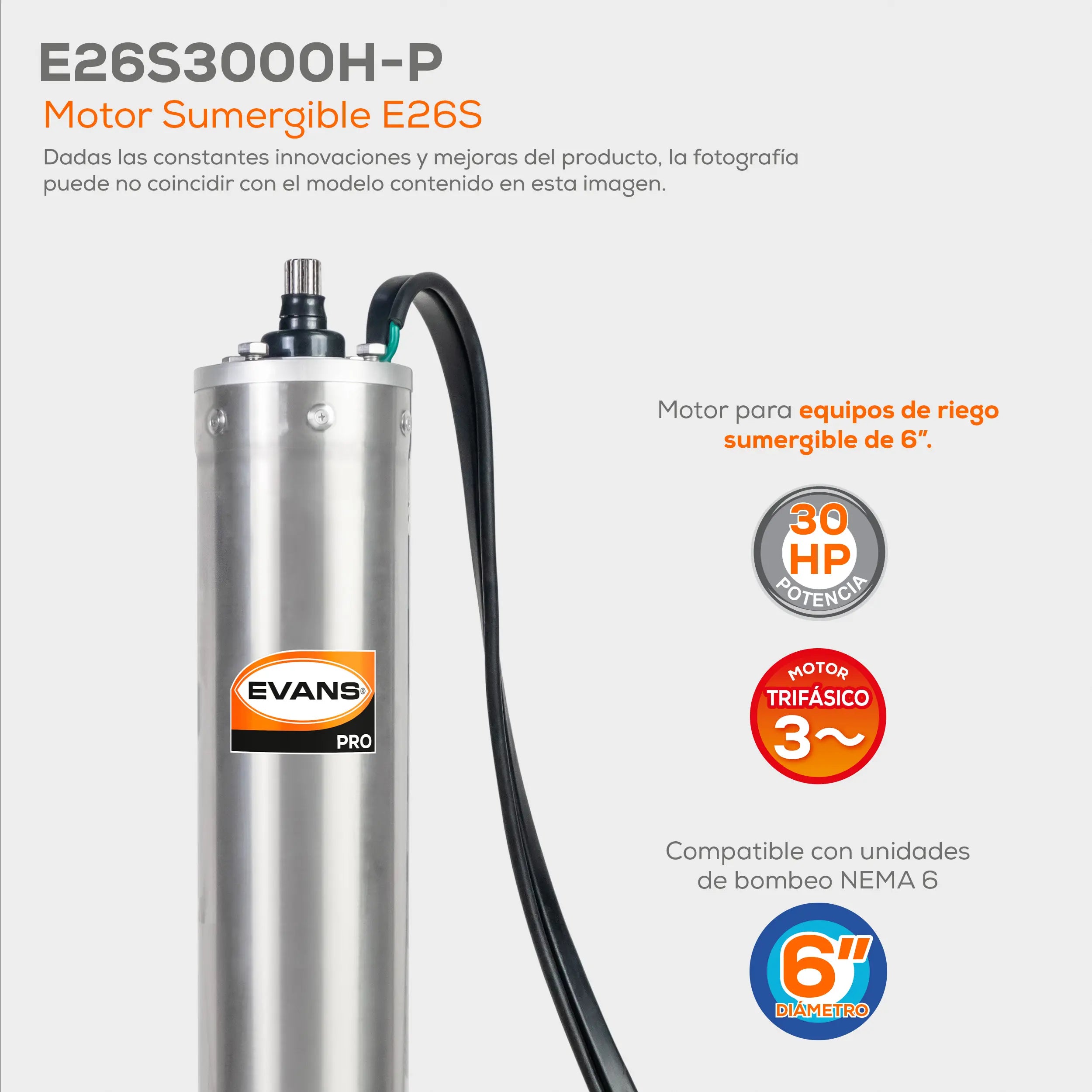 Motor sumergible 6",30 HP a 440V Marca EVANS. Modelo: E26S3000H-P