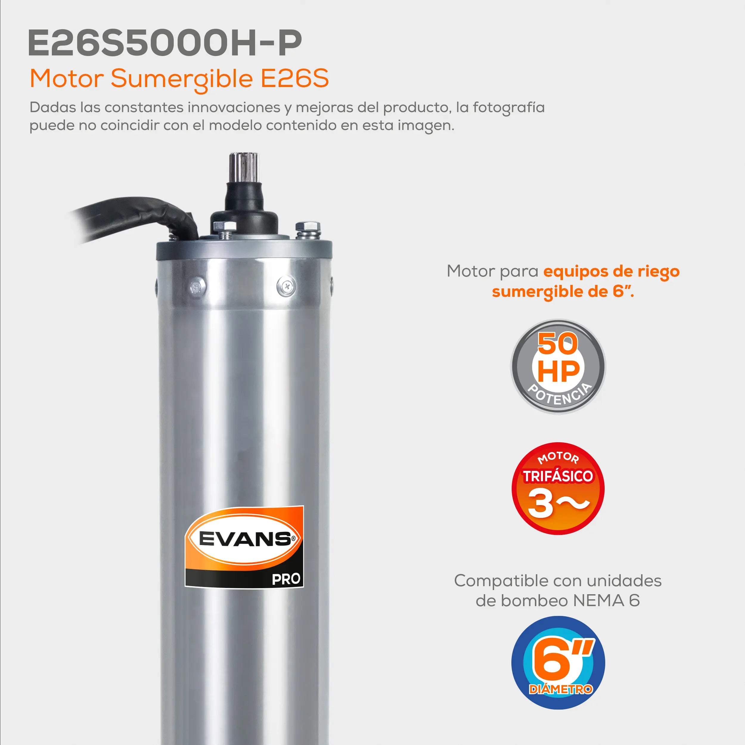 Motor sumergible 6",50 HP a 440V Marca EVANS. Modelo: E26S5000H-P
